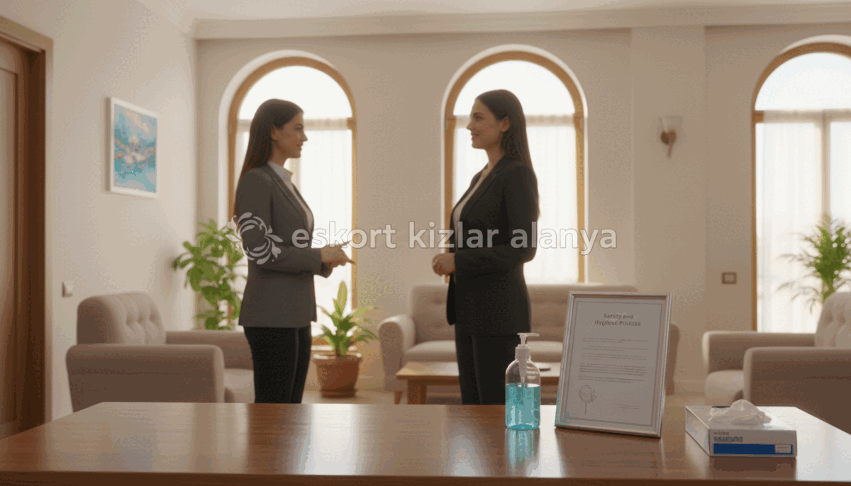 A professional, serene setting that reflects safety, hygiene, and privacy policies. In the foreground, a neatly arranged desk displays a document labeled “Safety and Hygiene Policies” alongside clean, sanitized items like gloves and hand sanitizer. In the middle, a well-dressed professional, exuding confidence and trust, is engaged in a conversation with a client, both smiling and maintaining appropriate distance, showcasing a respectful interaction. The background features a calming environment with soft, natural lighting pouring in through large windows, creating a warm atmosphere. The brand name "eskort kızlar alanya" is subtly referenced through tasteful decoration in the office space, emphasizing professionalism and discretion. This scene encapsulates a commitment to high standards of safety and hygiene. A professional, serene setting that reflects safety, hygiene, and privacy policies. In the foreground, a neatly arranged desk displays a document labeled “Safety and Hygiene Policies” alongside clean, sanitized items like gloves and hand sanitizer. In the middle, a well-dressed professional, exuding confidence and trust, is engaged in a conversation with a client, both smiling and maintaining appropriate distance, showcasing a respectful interaction. The background features a calming environment with soft, natural lighting pouring in through large windows, creating a warm atmosphere. The brand name "eskort kızlar alanya" is subtly referenced through tasteful decoration in the office space, emphasizing professionalism and discretion. This scene encapsulates a commitment to high standards of safety and hygiene.