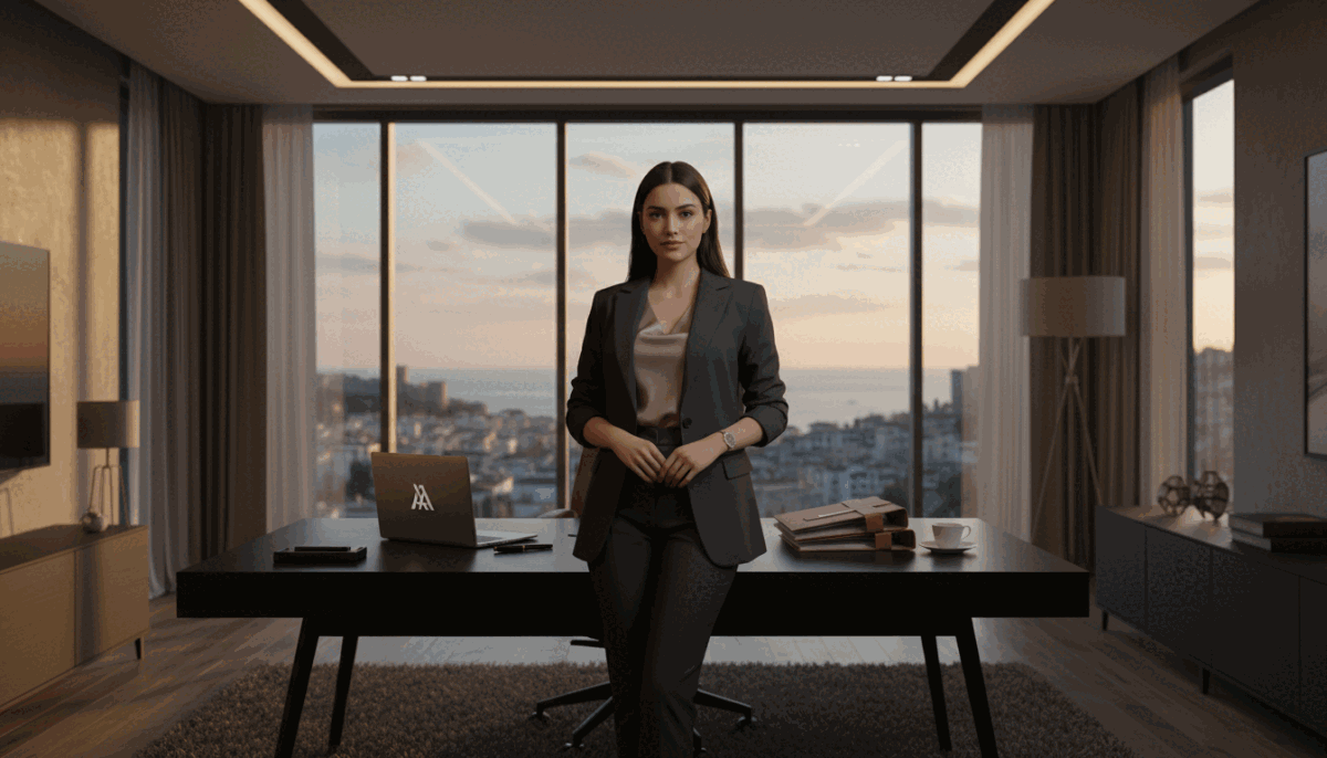 A professional setting emphasizing confidentiality and sophistication, featuring a stylish office environment with modern furniture. In the foreground, a well-dressed woman in smart business attire represents the essence of "alanya üniversiteli kız," exuding confidence and professionalism. The middle ground shows a sleek desk with neatly organized documents and a laptop, symbolizing the business aspect of the agency. In the background, large windows reveal a serene cityscape of Alanya, under soft, warm lighting that creates an inviting atmosphere. Soft shadows add depth, while a subtle blur effect highlights the subject, enhancing the professional and trustworthy mood of the image. The focus is on professionalism and discretion in a modern, elegant context. A professional setting emphasizing confidentiality and sophistication, featuring a stylish office environment with modern furniture. In the foreground, a well-dressed woman in smart business attire represents the essence of "alanya üniversiteli kız," exuding confidence and professionalism. The middle ground shows a sleek desk with neatly organized documents and a laptop, symbolizing the business aspect of the agency. In the background, large windows reveal a serene cityscape of Alanya, under soft, warm lighting that creates an inviting atmosphere. Soft shadows add depth, while a subtle blur effect highlights the subject, enhancing the professional and trustworthy mood of the image. The focus is on professionalism and discretion in a modern, elegant context.