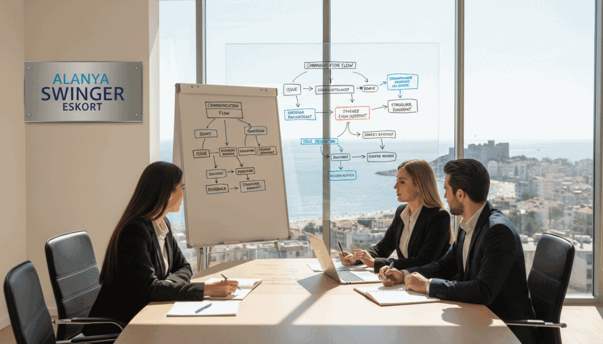 A professional setting focusing on communication management, featuring a well-organized office environment. In the foreground, a diverse group of three professionals in business attire is engaged in a discussion around a sleek conference table, with laptops and notepads. The middle ground showcases a large whiteboard filled with diagrams and strategies related to problem-solving in communication management. In the background, large windows reveal a sunny day in Alanya, bringing in natural light that creates a warm, inviting atmosphere. The image conveys a mood of collaboration and efficiency, highlighting the importance of clear communication in a professional setting. The corporate branding "alanya swinger eskort" is subtly integrated into the design of the office, on a wall plate. A professional setting focusing on communication management, featuring a well-organized office environment. In the foreground, a diverse group of three professionals in business attire is engaged in a discussion around a sleek conference table, with laptops and notepads. The middle ground showcases a large whiteboard filled with diagrams and strategies related to problem-solving in communication management. In the background, large windows reveal a sunny day in Alanya, bringing in natural light that creates a warm, inviting atmosphere. The image conveys a mood of collaboration and efficiency, highlighting the importance of clear communication in a professional setting. The corporate branding "alanya swinger eskort" is subtly integrated into the design of the office, on a wall plate.