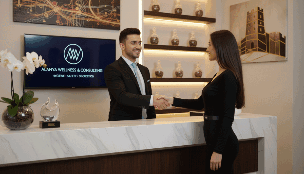 A professional setting in Alanya, showcasing principles of hygiene and safety in personal services. In the foreground, a well-dressed individual in business attire is interacting with a client, both exuding professionalism and confidence. The middle ground features a modern, elegant reception area with tasteful decor, emphasizing cleanliness and sophistication, complemented by soft, warm lighting. In the background, suggestive hints of Alanya nightlife, such as contemporary art pieces and subdued lighting creating an ambient atmosphere. The scene should evoke a sense of trust and professionalism, highlighting the concept of "alanya gece hayatı eskortları" while maintaining a Safe For Work environment. Capture this in a balanced composition, with a slight focus on the human interaction, shot from a medium angle to convey intimacy and professionalism without being intrusive. A professional setting in Alanya, showcasing principles of hygiene and safety in personal services. In the foreground, a well-dressed individual in business attire is interacting with a client, both exuding professionalism and confidence. The middle ground features a modern, elegant reception area with tasteful decor, emphasizing cleanliness and sophistication, complemented by soft, warm lighting. In the background, suggestive hints of Alanya nightlife, such as contemporary art pieces and subdued lighting creating an ambient atmosphere. The scene should evoke a sense of trust and professionalism, highlighting the concept of "alanya gece hayatı eskortları" while maintaining a Safe For Work environment. Capture this in a balanced composition, with a slight focus on the human interaction, shot from a medium angle to convey intimacy and professionalism without being intrusive.