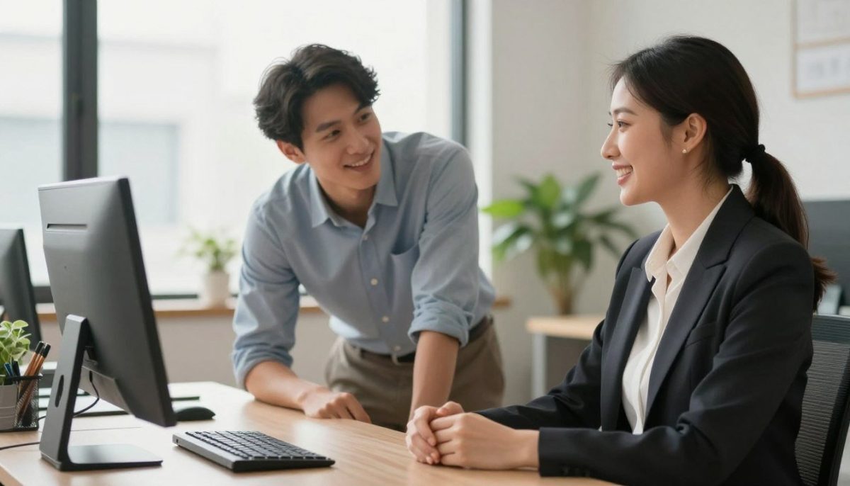 A professional, warm, and inviting scene in a modern office setting illustrating a friendly interaction between two individuals. In the foreground, a well-dressed, confident woman in business attire is sitting at a sleek desk, smiling warmly as she engages in conversation. In the middle, a relaxed man in smart casual clothing is leaning slightly forward, showing interest and attentiveness. Soft, diffused natural light streams through the large windows in the background, creating a welcoming atmosphere. The background features contemporary decor and a few indoor plants, highlighting a sense of professionalism and approachability. The mood is upbeat and positive, emphasizing genuine communication and constructive relationships in the escort service industry. A professional, warm, and inviting scene in a modern office setting illustrating a friendly interaction between two individuals. In the foreground, a well-dressed, confident woman in business attire is sitting at a sleek desk, smiling warmly as she engages in conversation. In the middle, a relaxed man in smart casual clothing is leaning slightly forward, showing interest and attentiveness. Soft, diffused natural light streams through the large windows in the background, creating a welcoming atmosphere. The background features contemporary decor and a few indoor plants, highlighting a sense of professionalism and approachability. The mood is upbeat and positive, emphasizing genuine communication and constructive relationships in the escort service industry.