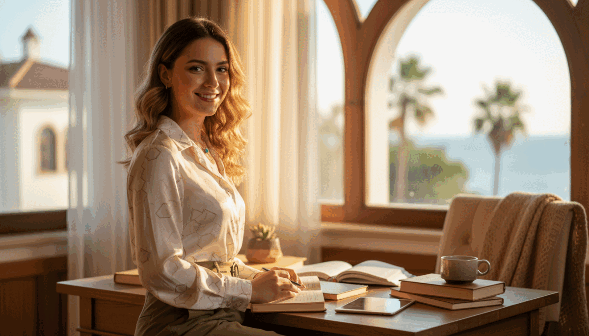 A profile of a university student in Alanya, showcasing the essence of "alanya üniversiteli kız". In the foreground, a young woman with a bright, friendly smile, dressed in a stylish yet professional outfit, perhaps a smart blouse and tailored pants, representing a confident student. Her hair is elegantly styled, and she is posed in a relaxed, approachable manner. In the middle, a cozy, inviting study space is visible, adorned with books and study materials, conveying a sense of academic dedication. The background features soft natural lighting filtering through a window, creating a warm and welcoming atmosphere. The overall mood is uplifting and engaging, reflecting the vibrant life of university students in Alanya, while maintaining a professional appearance. The image is framed with a shallow depth of field to emphasize the subject without distractions. A profile of a university student in Alanya, showcasing the essence of "alanya üniversiteli kız". In the foreground, a young woman with a bright, friendly smile, dressed in a stylish yet professional outfit, perhaps a smart blouse and tailored pants, representing a confident student. Her hair is elegantly styled, and she is posed in a relaxed, approachable manner. In the middle, a cozy, inviting study space is visible, adorned with books and study materials, conveying a sense of academic dedication. The background features soft natural lighting filtering through a window, creating a warm and welcoming atmosphere. The overall mood is uplifting and engaging, reflecting the vibrant life of university students in Alanya, while maintaining a professional appearance. The image is framed with a shallow depth of field to emphasize the subject without distractions.