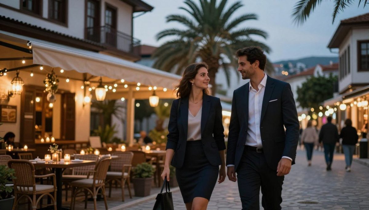 A romantic evening scene in Mahmutlar, featuring a charming streetscape adorned with soft, ambient lighting to create a warm atmosphere. In the foreground, a well-dressed couple in professional attire, exuding elegance and confidence, casually walking side by side, sharing smiles. The middle ground captures a quaint café with outdoor seating, adorned with flickering candlelight, and subtle decorations that suggest intimacy and warmth. The background reveals lush, tropical palm trees and distant silhouettes of charming buildings, hinting at the allure of Mahmutlar. The lighting is soft, creating a dreamy evening ambiance, captured with a slight depth of field to focus on the couple while keeping the café and surroundings gently blurred. The visual mood evokes the excitement and allure of companionship on a magical night, representing the essence of "Mahmutlar escort cazibeli gece". A romantic evening scene in Mahmutlar, featuring a charming streetscape adorned with soft, ambient lighting to create a warm atmosphere. In the foreground, a well-dressed couple in professional attire, exuding elegance and confidence, casually walking side by side, sharing smiles. The middle ground captures a quaint café with outdoor seating, adorned with flickering candlelight, and subtle decorations that suggest intimacy and warmth. The background reveals lush, tropical palm trees and distant silhouettes of charming buildings, hinting at the allure of Mahmutlar. The lighting is soft, creating a dreamy evening ambiance, captured with a slight depth of field to focus on the couple while keeping the café and surroundings gently blurred. The visual mood evokes the excitement and allure of companionship on a magical night, representing the essence of "Mahmutlar escort cazibeli gece".