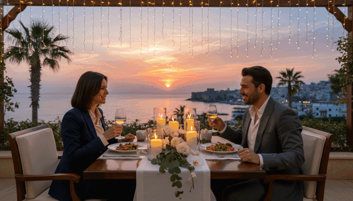 A romantic evening scene set in Alanya, showcasing an elegant outdoor dining setup with a beautifully decorated table illuminated by soft, warm fairy lights. In the foreground, there are two people in professional business attire engaged in a lively conversation, enjoying a gourmet meal with a stunning view of the Mediterranean Sea at sunset. The middle layer captures a cozy ambiance, with flickering candles and tasteful floral arrangements adding a touch of luxury. In the background, the sun sets, casting a golden hue over the skyline of Alanya, with silhouettes of palm trees swaying gently in the breeze. The overall mood is inviting and intimate, reflecting the essence of "eskort kızlar alanya." The image should have a soft focus effect, enhancing the romantic atmosphere. A romantic evening scene set in Alanya, showcasing an elegant outdoor dining setup with a beautifully decorated table illuminated by soft, warm fairy lights. In the foreground, there are two people in professional business attire engaged in a lively conversation, enjoying a gourmet meal with a stunning view of the Mediterranean Sea at sunset. The middle layer captures a cozy ambiance, with flickering candles and tasteful floral arrangements adding a touch of luxury. In the background, the sun sets, casting a golden hue over the skyline of Alanya, with silhouettes of palm trees swaying gently in the breeze. The overall mood is inviting and intimate, reflecting the essence of "eskort kızlar alanya." The image should have a soft focus effect, enhancing the romantic atmosphere.