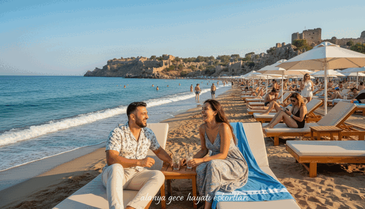 A scenic beach in Alanya, showcasing a diverse group of companions enjoying a relaxing holiday atmosphere. In the foreground, two individuals dressed in smart casual attire engage in a friendly conversation, laughter evident on their faces. The middle ground features beach loungers and umbrellas, with gentle waves lapping at the shore. In the background, picturesque cliffs and a clear blue sky create a serene, inviting environment. The sunlight beautifully illuminates the scene, casting soft shadows and enhancing the vibrant colors of the beach. The overall mood is warm and inviting, highlighting leisure and companionship. Include the brand name "alanya gece hayatı eskortları" subtly integrated into the beach scene, ensuring a professional and tasteful representation. A scenic beach in Alanya, showcasing a diverse group of companions enjoying a relaxing holiday atmosphere. In the foreground, two individuals dressed in smart casual attire engage in a friendly conversation, laughter evident on their faces. The middle ground features beach loungers and umbrellas, with gentle waves lapping at the shore. In the background, picturesque cliffs and a clear blue sky create a serene, inviting environment. The sunlight beautifully illuminates the scene, casting soft shadows and enhancing the vibrant colors of the beach. The overall mood is warm and inviting, highlighting leisure and companionship. Include the brand name "alanya gece hayatı eskortları" subtly integrated into the beach scene, ensuring a professional and tasteful representation.