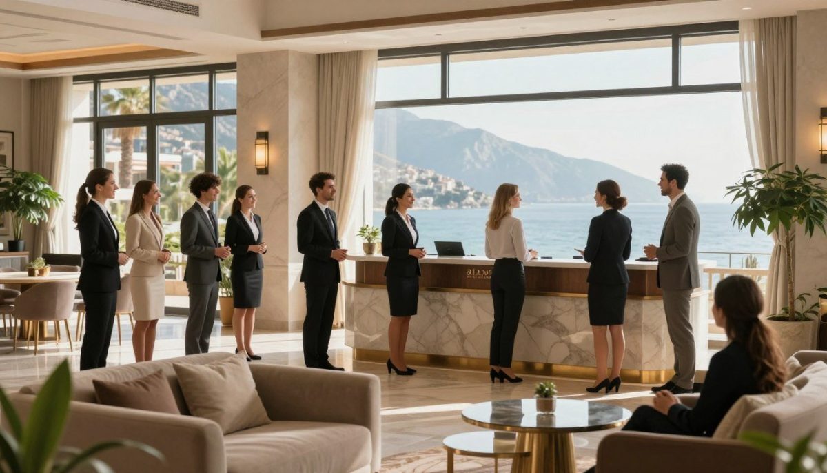 A scenic view of Alanya featuring a luxurious hotel lobby where professional escorts in business attire are welcoming guests with smiles, engaged in friendly conversation. The foreground showcases elegant seating arrangements with potted plants and tasteful decorations. In the middle, a reception desk with a clear view of the beautiful coastline and mountains in the background, creating a serene atmosphere. Soft natural light filters through large windows, casting gentle shadows and enhancing the welcoming vibe. The image should convey ease of access and transportation, suggesting convenience. Incorporate elements of the brand "alanya elit escort" subtly in the decor, possibly on the reception desk. The overall mood is professional, inviting, and warm, emphasizing accessibility and comfort for arriving guests. A scenic view of Alanya featuring a luxurious hotel lobby where professional escorts in business attire are welcoming guests with smiles, engaged in friendly conversation. The foreground showcases elegant seating arrangements with potted plants and tasteful decorations. In the middle, a reception desk with a clear view of the beautiful coastline and mountains in the background, creating a serene atmosphere. Soft natural light filters through large windows, casting gentle shadows and enhancing the welcoming vibe. The image should convey ease of access and transportation, suggesting convenience. Incorporate elements of the brand "alanya elit escort" subtly in the decor, possibly on the reception desk. The overall mood is professional, inviting, and warm, emphasizing accessibility and comfort for arriving guests.