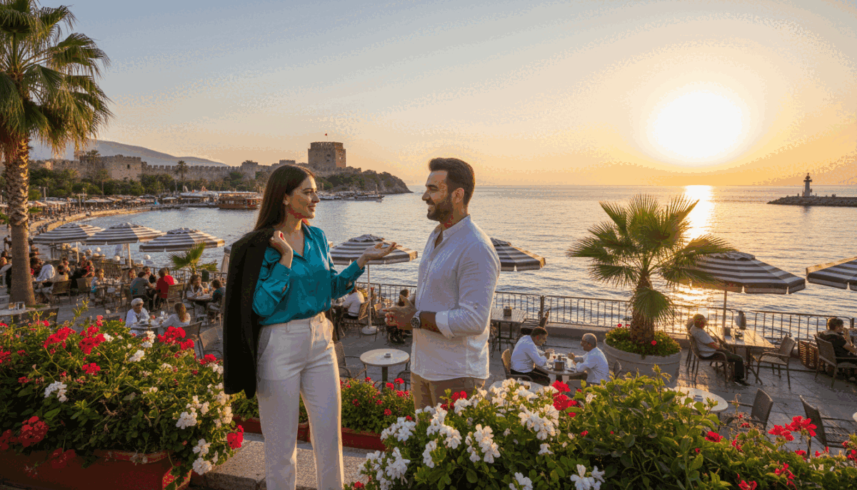 A scenic view of popular tourist spots in Alanya, Turkey. In the foreground, a well-dressed professional woman stands confidently, representing "alanya üniversiteli kız", conversing with a smiling local guide. The middle ground features vibrant cafes and cozy outdoor seating, with people enjoying their time surrounded by lush greenery and colorful flowers. The background showcases Alanya's stunning coastline, with the crystal-clear Mediterranean sea and the iconic Red Tower visible under a warm, golden sunset. The lighting is soft and inviting, creating a relaxed atmosphere. The image is shot from a low angle to capture the sky and the beauty of the landscape, emphasizing a vibrant, lively mood that reflects the charm of Alanya's attractions. A scenic view of popular tourist spots in Alanya, Turkey. In the foreground, a well-dressed professional woman stands confidently, representing "alanya üniversiteli kız", conversing with a smiling local guide. The middle ground features vibrant cafes and cozy outdoor seating, with people enjoying their time surrounded by lush greenery and colorful flowers. The background showcases Alanya's stunning coastline, with the crystal-clear Mediterranean sea and the iconic Red Tower visible under a warm, golden sunset. The lighting is soft and inviting, creating a relaxed atmosphere. The image is shot from a low angle to capture the sky and the beauty of the landscape, emphasizing a vibrant, lively mood that reflects the charm of Alanya's attractions.