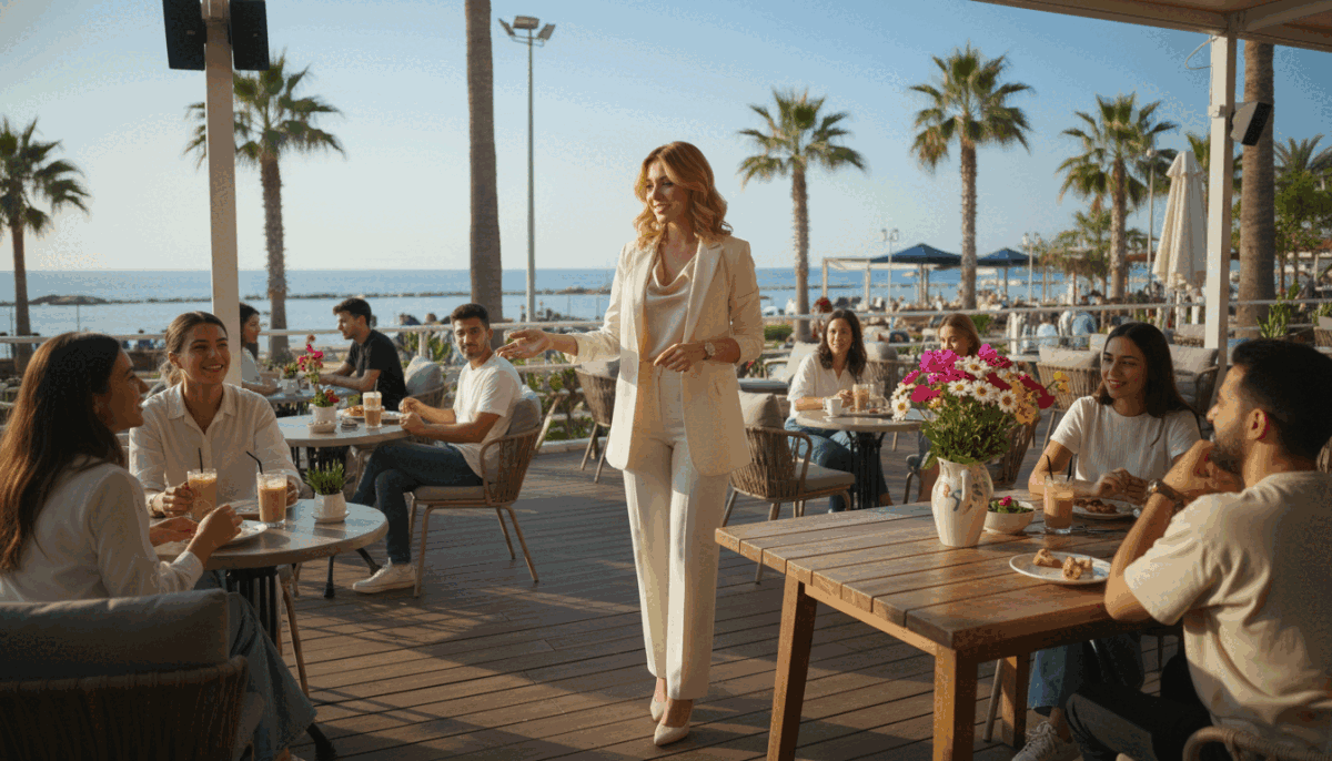 A serene and elegant café scene in Alanya, showcasing a confident young woman dressed in a stylish, professional outfit, standing next to a table with vibrant flowers. She has striking blonde hair, exuding a welcoming charm, embodying the essence of "alanya üniversiteli kız." The foreground features the woman engaging with patrons in a lively yet relaxed atmosphere. In the middle, the café's wooden patio, filled with customers enjoying refreshments, conveys a sense of community. The background reveals the stunning Alanya coastline under a bright blue sky, with palm trees swaying gently in the breeze. Soft natural lighting creates a warm ambiance, capturing a cheerful afternoon vibe. The angle is slightly elevated, providing a panoramic view of this inviting setting. A serene and elegant café scene in Alanya, showcasing a confident young woman dressed in a stylish, professional outfit, standing next to a table with vibrant flowers. She has striking blonde hair, exuding a welcoming charm, embodying the essence of "alanya üniversiteli kız." The foreground features the woman engaging with patrons in a lively yet relaxed atmosphere. In the middle, the café's wooden patio, filled with customers enjoying refreshments, conveys a sense of community. The background reveals the stunning Alanya coastline under a bright blue sky, with palm trees swaying gently in the breeze. Soft natural lighting creates a warm ambiance, capturing a cheerful afternoon vibe. The angle is slightly elevated, providing a panoramic view of this inviting setting.
