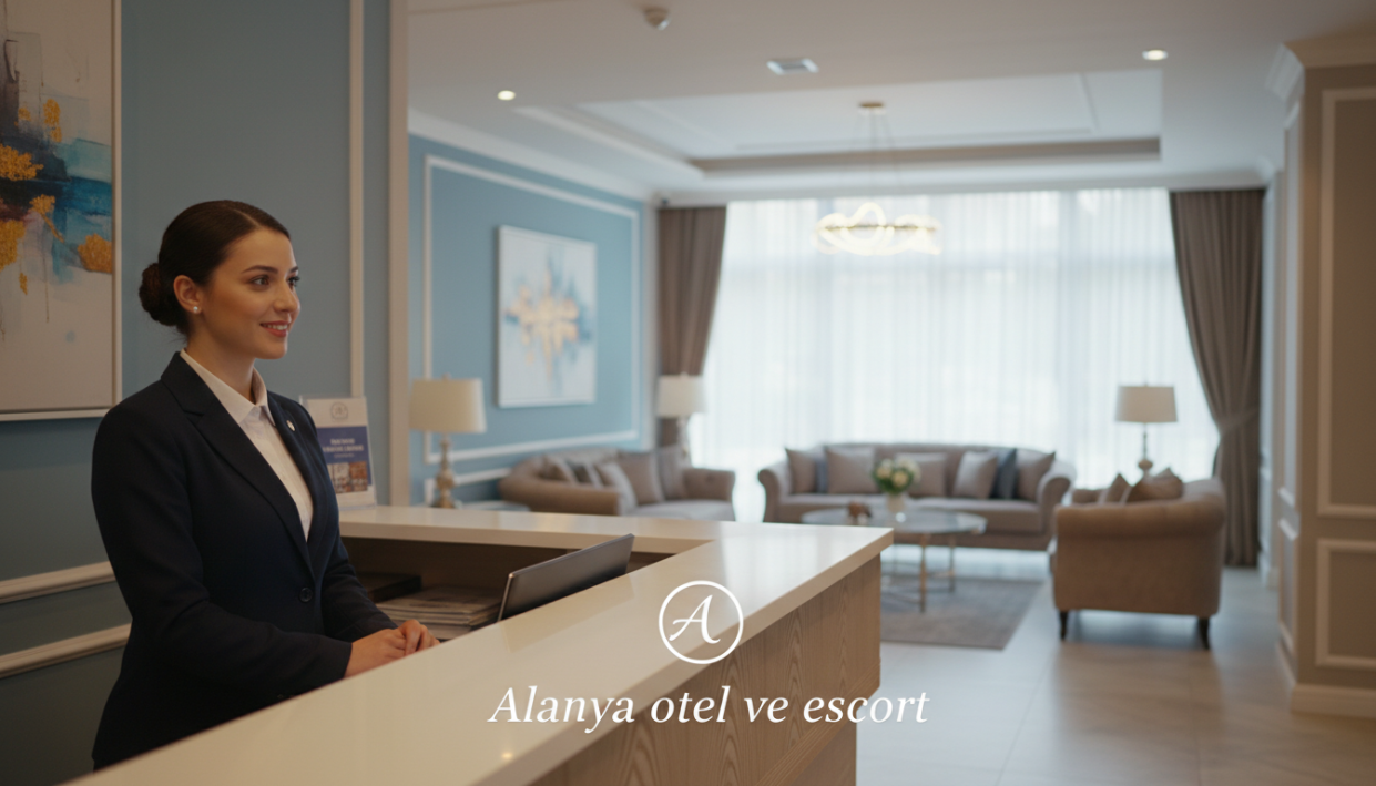 A serene and elegant hotel lobby, reflecting the essence of safety and discretion in escort services. In the foreground, a professional receptionist in smart business attire is engaging warmly with a guest, showcasing an atmosphere of trust and confidentiality. The middle ground features stylish seating areas with plush sofas and calming artwork, symbolizing comfort and privacy. The background reveals large windows with soft natural light filtering through sheer curtains, enhancing the inviting ambiance. The scene encompasses subtle colors like soft blues and warm neutrals, creating a tranquil mood. The image includes the brand name "Alanya otel ve escort" elegantly displayed on a reception desk, emphasizing professionalism. The overall composition inspires a feeling of safety and exclusivity.