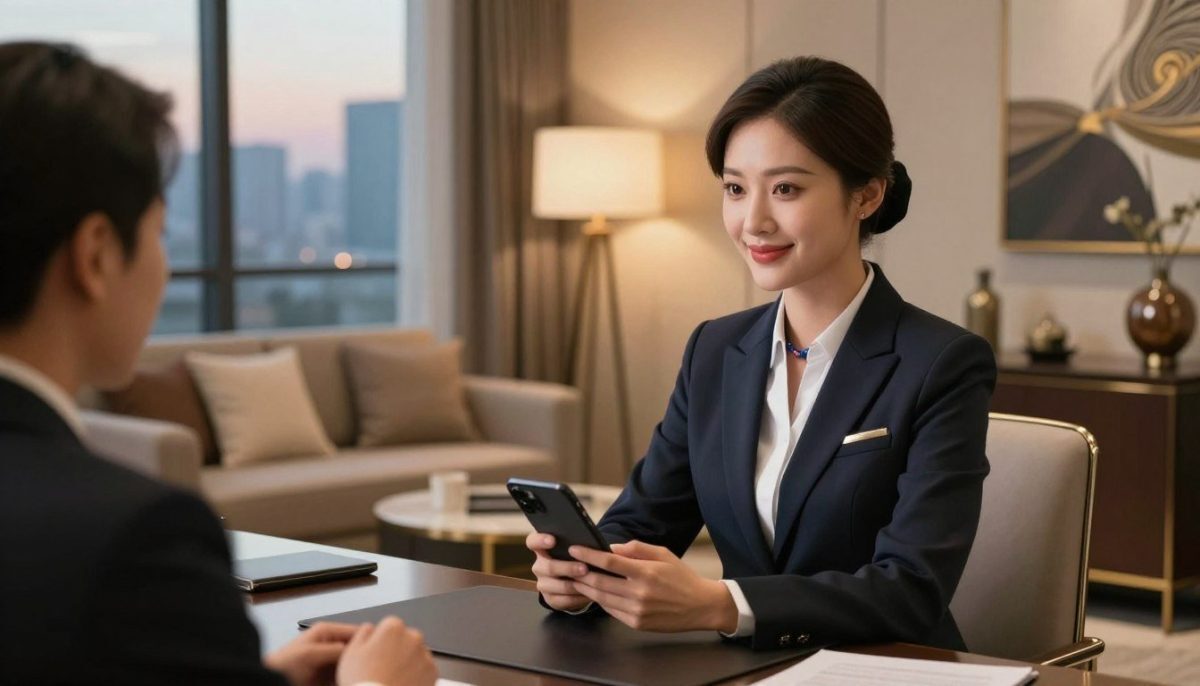 A serene and elegant office setting depicting enhanced communication between an elite escort and a client. In the foreground, a well-dressed female escort in professional attire, with a warm smile and confident posture, sits at a modern desk, holding a smartphone. Her appearance is polished and sophisticated, embodying professionalism. In the middle ground, a luxurious, stylish decor with plush furniture, soft lighting, and tasteful artwork creates an inviting atmosphere. The background shows a large window with a view of a city skyline at dusk, casting a warm glow into the room. The overall mood is sophisticated, intimate, and focused on professionalism, emphasizing the theme of advanced communication in elite escort services. A serene and elegant office setting depicting enhanced communication between an elite escort and a client. In the foreground, a well-dressed female escort in professional attire, with a warm smile and confident posture, sits at a modern desk, holding a smartphone. Her appearance is polished and sophisticated, embodying professionalism. In the middle ground, a luxurious, stylish decor with plush furniture, soft lighting, and tasteful artwork creates an inviting atmosphere. The background shows a large window with a view of a city skyline at dusk, casting a warm glow into the room. The overall mood is sophisticated, intimate, and focused on professionalism, emphasizing the theme of advanced communication in elite escort services.