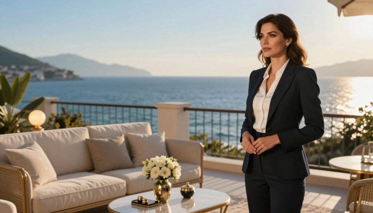 A serene and elegant setting representing personal preferences in the context of escort services in Alanya. In the foreground, a sophisticated, professional woman dressed in stylish business attire stands confidently, surveying her surroundings. In the middle ground, a tasteful display of luxurious items such as a plush sofa, a decorative vase with flowers, and a soft ambient lighting that creates a warm atmosphere. The background features a serene outdoor balcony overlooking the Mediterranean Sea, with softly shimmering waves under a clear blue sky. The scene is captured at golden hour, with soft, natural light creating a welcoming and chic ambiance. The focus is on conveying comfort, discretion, and choice within the context of "alanya elit escort" services, evoking a sense of sophistication and assurance.