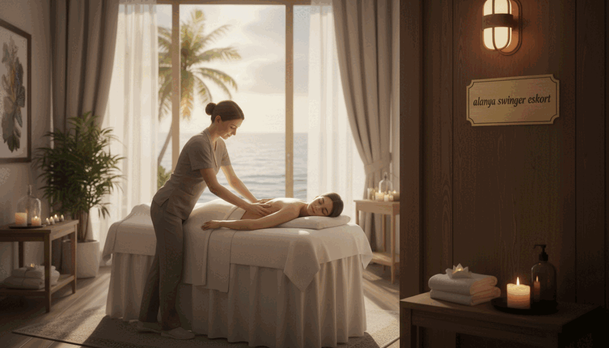 A serene and inviting Alanya landscape, showcasing a luxurious spa environment. In the foreground, a beautifully arranged massage room with elegant decor, soft ambient lighting, and calming colors, featuring a massage table draped in crisp white linens. In the middle ground, an experienced massage therapist in professional attire, demonstrating a soothing massage technique on a client who is comfortably relaxed, both appearing serene and professional. The background reveals tropical plants and gentle ocean waves, adding to the tranquil atmosphere. Sunlight filters through sheer curtains, casting a warm glow. The overall mood is peaceful and rejuvenating, highlighting the professional services offered by "alanya swinger eskort". A serene and inviting Alanya landscape, showcasing a luxurious spa environment. In the foreground, a beautifully arranged massage room with elegant decor, soft ambient lighting, and calming colors, featuring a massage table draped in crisp white linens. In the middle ground, an experienced massage therapist in professional attire, demonstrating a soothing massage technique on a client who is comfortably relaxed, both appearing serene and professional. The background reveals tropical plants and gentle ocean waves, adding to the tranquil atmosphere. Sunlight filters through sheer curtains, casting a warm glow. The overall mood is peaceful and rejuvenating, highlighting the professional services offered by "alanya swinger eskort".