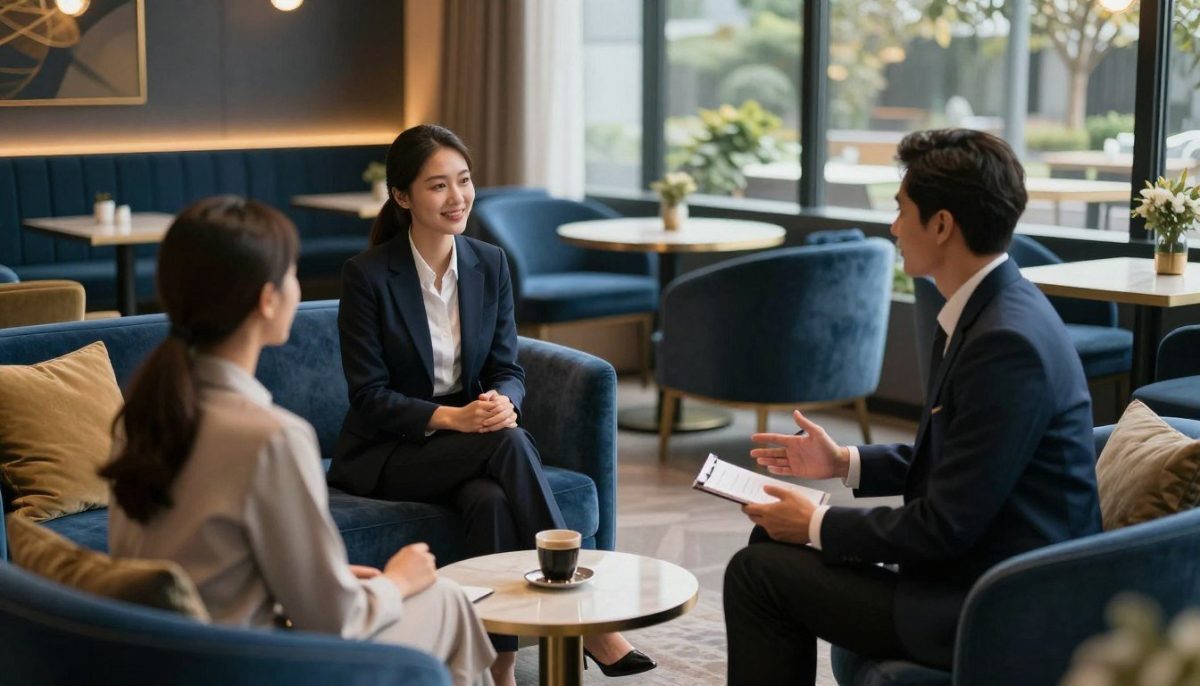 A serene and inviting atmosphere set in a modern, elegantly furnished lounge designed for professional meetings. In the foreground, a well-dressed escort in professional business attire is engaged in a friendly conversation with a client, both seated comfortably on stylish couches. The middle ground displays a tasteful arrangement of soft ambient lighting, accentuating the sophisticated decor, with rich colors including deep blues and golds. In the background, a large window reveals a tranquil outdoor scene, suggesting the charm of Kestel. The angle is slightly elevated, capturing both the interaction and the elegant surroundings, fostering a sense of professionalism and comfort, while creating a mood of trust and excitement for the rendezvous process. A serene and inviting atmosphere set in a modern, elegantly furnished lounge designed for professional meetings. In the foreground, a well-dressed escort in professional business attire is engaged in a friendly conversation with a client, both seated comfortably on stylish couches. The middle ground displays a tasteful arrangement of soft ambient lighting, accentuating the sophisticated decor, with rich colors including deep blues and golds. In the background, a large window reveals a tranquil outdoor scene, suggesting the charm of Kestel. The angle is slightly elevated, capturing both the interaction and the elegant surroundings, fostering a sense of professionalism and comfort, while creating a mood of trust and excitement for the rendezvous process.