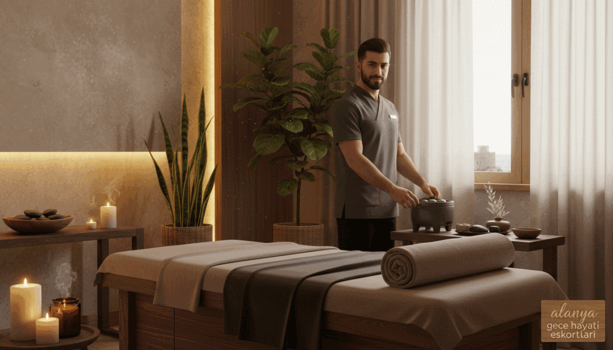 A serene and inviting massage therapy room designed for men in Alanya. The foreground features a comfortable massage table draped with soft, neutral-colored linens, complemented by soothing aromatherapy candles. A skilled male therapist in professional attire stands nearby, preparing for a session, exuding a calm and welcoming demeanor. In the middle ground, plants and calming decor enhance the tranquil atmosphere, along with soft ambient lighting that creates a warm glow. The background showcases a window partially draped, allowing soft natural light to filter in, illuminating the space. The scene captures the essence of relaxation and tranquility, perfect for a premium massage experience in Alanya, with a subtle logo of "alanya gece hayatı eskortları" in the corner, blending harmoniously with the overall design. A serene and inviting massage therapy room designed for men in Alanya. The foreground features a comfortable massage table draped with soft, neutral-colored linens, complemented by soothing aromatherapy candles. A skilled male therapist in professional attire stands nearby, preparing for a session, exuding a calm and welcoming demeanor. In the middle ground, plants and calming decor enhance the tranquil atmosphere, along with soft ambient lighting that creates a warm glow. The background showcases a window partially draped, allowing soft natural light to filter in, illuminating the space. The scene captures the essence of relaxation and tranquility, perfect for a premium massage experience in Alanya, with a subtle logo of "alanya gece hayatı eskortları" in the corner, blending harmoniously with the overall design.