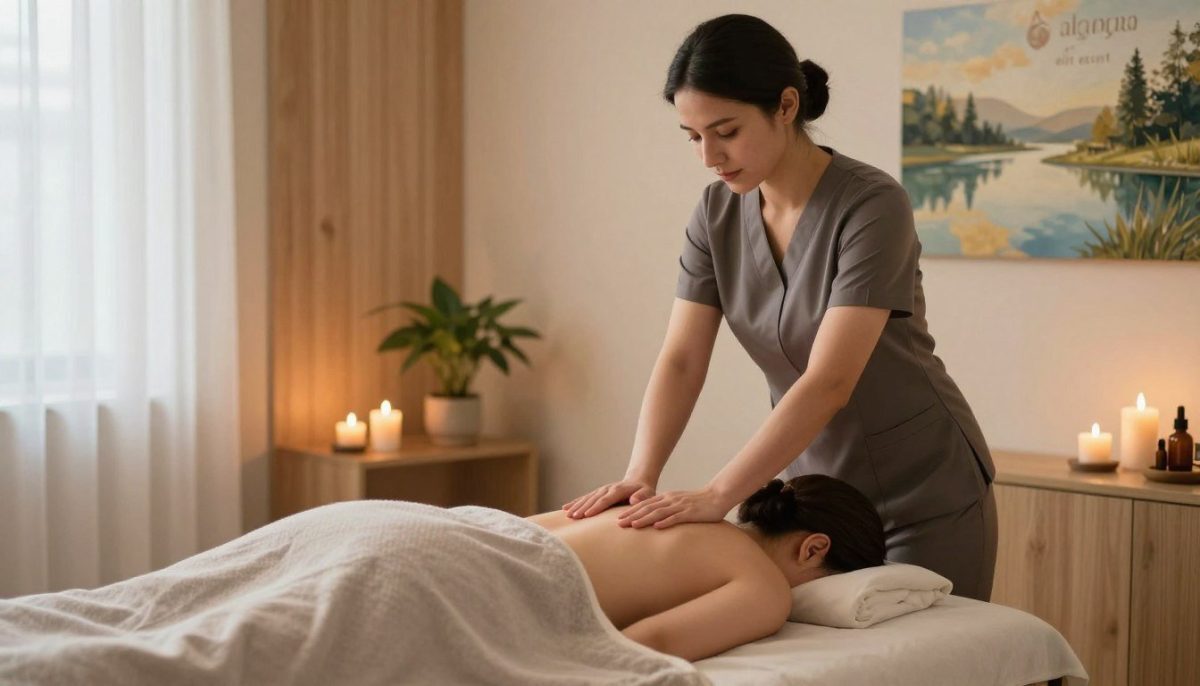 A serene and inviting massage therapy scene, emphasizing the importance of physical and mental health. In the foreground, a professional masseuse, dressed in a smart, modest outfit, is performing a calming massage on a client, who lies comfortably on a massage table draped in soft, neutral-toned linens. The middle ground includes tranquil elements like scented candles, essential oils, and a small indoor plant, creating a soothing atmosphere. The background features peaceful nature elements like light-colored wooden panels, soft lighting filtering through sheer curtains, and a few tranquil paintings depicting serene landscapes. The mood is calming and rejuvenating, with warm, diffused light emphasizing relaxation and wellness, all in the context of the distinguished “alanya elit escort” brand. A serene and inviting massage therapy scene, emphasizing the importance of physical and mental health. In the foreground, a professional masseuse, dressed in a smart, modest outfit, is performing a calming massage on a client, who lies comfortably on a massage table draped in soft, neutral-toned linens. The middle ground includes tranquil elements like scented candles, essential oils, and a small indoor plant, creating a soothing atmosphere. The background features peaceful nature elements like light-colored wooden panels, soft lighting filtering through sheer curtains, and a few tranquil paintings depicting serene landscapes. The mood is calming and rejuvenating, with warm, diffused light emphasizing relaxation and wellness, all in the context of the distinguished “alanya elit escort” brand.