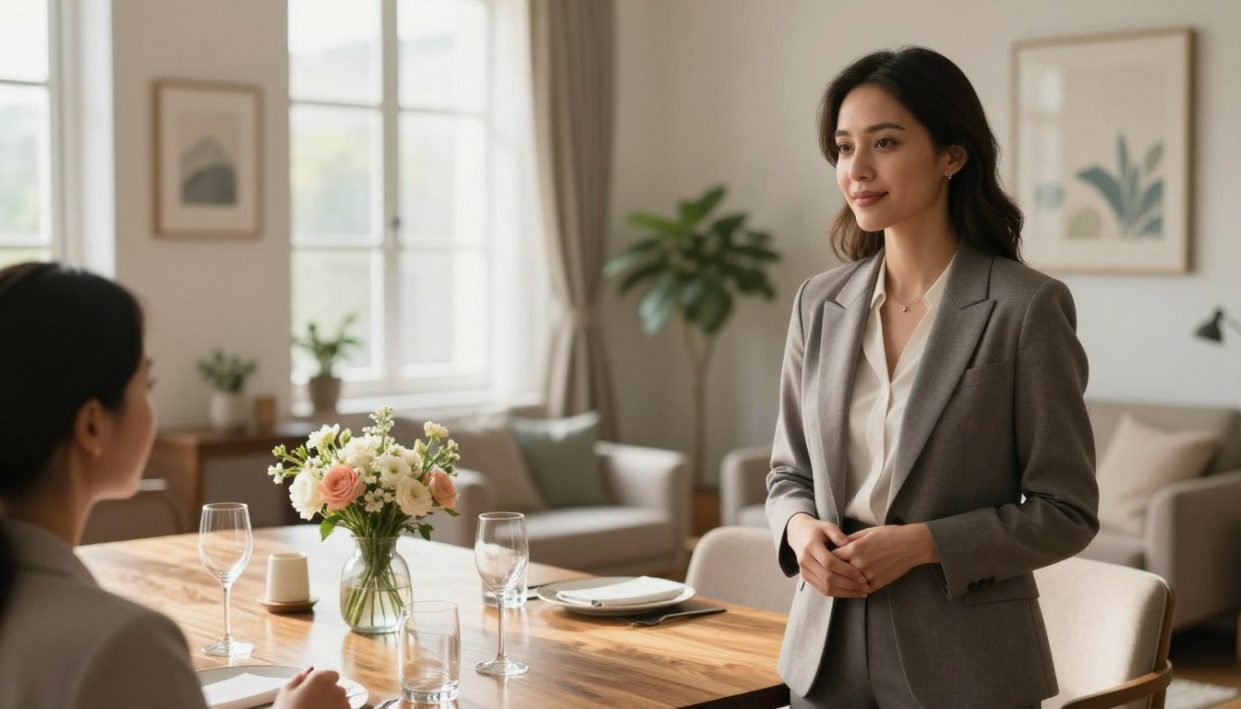 A serene and inviting meeting environment showcasing a professional and sophisticated atmosphere. In the foreground, a well-dressed woman in elegant business attire stands confidently, engaged in a warm conversation. The middle ground features a polished wooden table adorned with tasteful decor, such as fresh flowers and elegant stationery. Soft, natural light streams in through large windows, creating a bright and airy feel. In the background, a tastefully decorated room with subtle art pieces and cozy seating adds to the ambiance. The composition should evoke a sense of comfort, trust, and professionalism, ideal for safe and confidential meetings, with a focus on discretion and comfort.