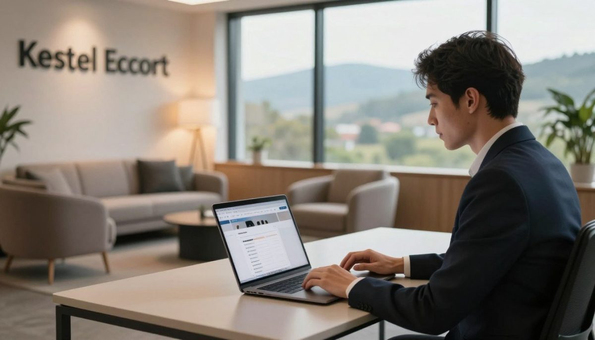A serene and inviting office environment representing "Kestel Escort" services. In the foreground, a sleek, modern desk with a laptop open, displaying a contact page. A professional, well-dressed individual (male or female) sits at the desk, focused on the screen, wearing smart office attire. In the middle ground, a stylish seating area with plush chairs and soft lighting, creating a welcoming atmosphere for consultations. The background features a large window with a view of a tranquil Kestel landscape, introducing natural light that adds warmth to the scene. The overall mood is professional yet relaxed, conveying quality service and approachability in the escort industry. A serene and inviting office environment representing "Kestel Escort" services. In the foreground, a sleek, modern desk with a laptop open, displaying a contact page. A professional, well-dressed individual (male or female) sits at the desk, focused on the screen, wearing smart office attire. In the middle ground, a stylish seating area with plush chairs and soft lighting, creating a welcoming atmosphere for consultations. The background features a large window with a view of a tranquil Kestel landscape, introducing natural light that adds warmth to the scene. The overall mood is professional yet relaxed, conveying quality service and approachability in the escort industry.