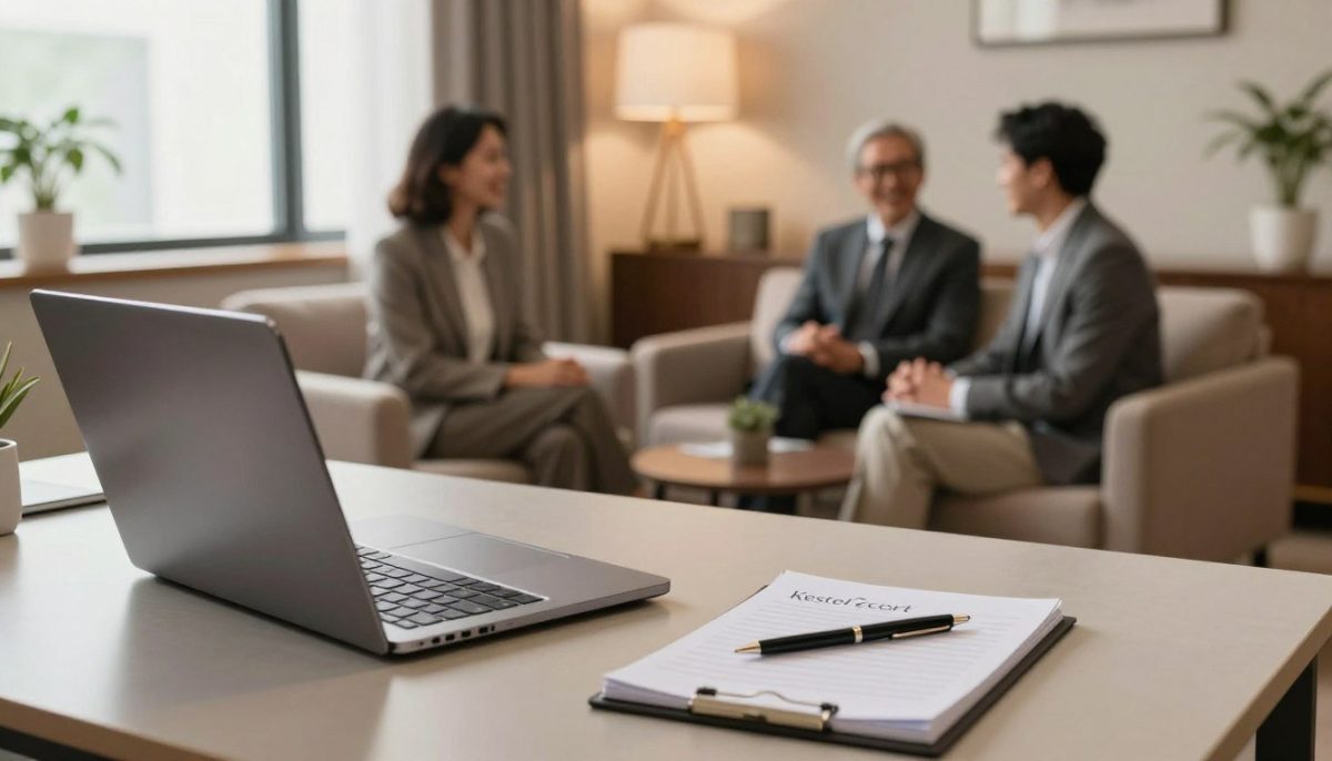 A serene and inviting office setting reflecting professional services. In the foreground, a sleek desk with a neatly arranged laptop, a notepad with a pen, and a discreet brochure displaying “Kestel escort” package options. The middle ground features a comfortable seating area with two individuals in professional business attire, engaging in a friendly conversation, conveying a sense of trust and professionalism. The background showcases a tastefully decorated room with soft lighting, highlighting elegant décor that creates a welcoming atmosphere. A large window lets in natural light, complementing the warm color palette and enhancing the overall inviting mood. The angle captures a balanced view, focusing on the interaction while providing a glimpse of the detailed environment. A serene and inviting office setting reflecting professional services. In the foreground, a sleek desk with a neatly arranged laptop, a notepad with a pen, and a discreet brochure displaying “Kestel escort” package options. The middle ground features a comfortable seating area with two individuals in professional business attire, engaging in a friendly conversation, conveying a sense of trust and professionalism. The background showcases a tastefully decorated room with soft lighting, highlighting elegant décor that creates a welcoming atmosphere. A large window lets in natural light, complementing the warm color palette and enhancing the overall inviting mood. The angle captures a balanced view, focusing on the interaction while providing a glimpse of the detailed environment.