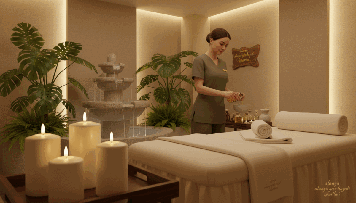 A serene and inviting private massage room showcasing a tranquil atmosphere. In the foreground, elegantly arranged candles emit a soft, warm glow beside a neatly made massage table adorned with fresh towels. In the middle, a professional massage therapist wearing a modest outfit prepares essential oils, emphasizing relaxation and professionalism. The background features calming elements like a gentle water fountain and lush green plants, enhancing the soothing experience. Soft, diffused lighting creates a peaceful ambiance, suggesting luxury and comfort. The overall mood is warm and inviting, hinting at an exceptional personal relaxation experience. Include subtle branding elements of "alanya gece hayatı eskortları" integrated into the decor, reinforcing the high-quality service offered. A serene and inviting private massage room showcasing a tranquil atmosphere. In the foreground, elegantly arranged candles emit a soft, warm glow beside a neatly made massage table adorned with fresh towels. In the middle, a professional massage therapist wearing a modest outfit prepares essential oils, emphasizing relaxation and professionalism. The background features calming elements like a gentle water fountain and lush green plants, enhancing the soothing experience. Soft, diffused lighting creates a peaceful ambiance, suggesting luxury and comfort. The overall mood is warm and inviting, hinting at an exceptional personal relaxation experience. Include subtle branding elements of "alanya gece hayatı eskortları" integrated into the decor, reinforcing the high-quality service offered.