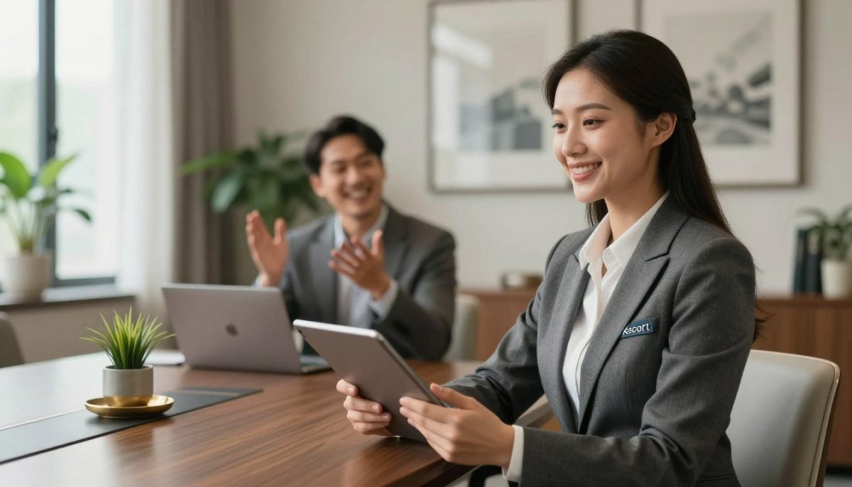 A serene and inviting scene depicting a luxurious office environment to illustrate customer satisfaction in the Kestel escort service. In the foreground, a professionally dressed businesswoman with a warm smile holds a tablet, conveying attentiveness and approachability. The middle ground features a sleek conference table with elegant decor, where a satisfied client gestures expressively, showcasing their happiness and comfort. Soft, natural lighting filters through large windows, creating a tranquil atmosphere. The background includes tasteful artwork and plants, emphasizing a refined yet welcoming space. The overall mood is uplifting and professional, highlighting the quality service and trust associated with the "escort" brand, without any explicit or inappropriate elements. A serene and inviting scene depicting a luxurious office environment to illustrate customer satisfaction in the Kestel escort service. In the foreground, a professionally dressed businesswoman with a warm smile holds a tablet, conveying attentiveness and approachability. The middle ground features a sleek conference table with elegant decor, where a satisfied client gestures expressively, showcasing their happiness and comfort. Soft, natural lighting filters through large windows, creating a tranquil atmosphere. The background includes tasteful artwork and plants, emphasizing a refined yet welcoming space. The overall mood is uplifting and professional, highlighting the quality service and trust associated with the "escort" brand, without any explicit or inappropriate elements.
