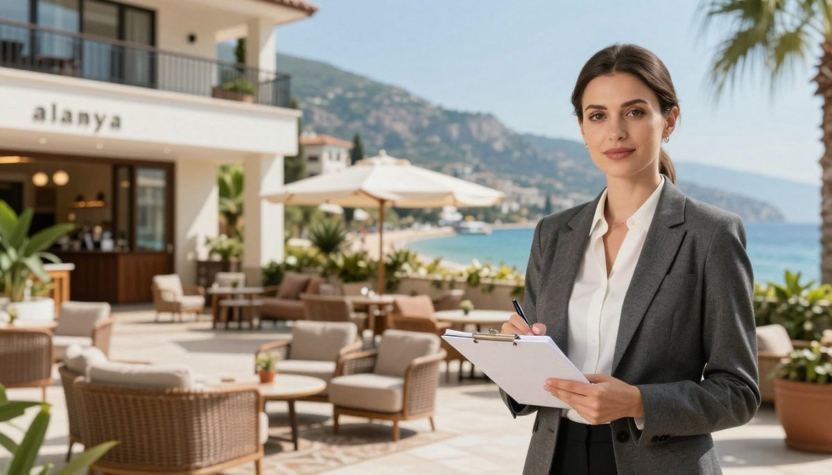 A serene and inviting scene depicting safety tips in Alanya, with a focus on professional conduct. In the foreground, a well-dressed professional woman in a smart blazer and blouse stands confidently, holding a notepad and pen, conveying an atmosphere of authority and safety. In the middle ground, a stylish hotel lobby illustrates a welcoming ambiance with soft lighting, lush greenery, and comfortable seating areas. The background features a scenic view of Alanya, showcasing its beautiful coastline and historical architecture under a clear, sunny sky. The overall mood is reassuring and professional, with warm, inviting colors that emphasize trust and safety, designed for a readers interested in the brand "alanya elit escort". A serene and inviting scene depicting safety tips in Alanya, with a focus on professional conduct. In the foreground, a well-dressed professional woman in a smart blazer and blouse stands confidently, holding a notepad and pen, conveying an atmosphere of authority and safety. In the middle ground, a stylish hotel lobby illustrates a welcoming ambiance with soft lighting, lush greenery, and comfortable seating areas. The background features a scenic view of Alanya, showcasing its beautiful coastline and historical architecture under a clear, sunny sky. The overall mood is reassuring and professional, with warm, inviting colors that emphasize trust and safety, designed for a readers interested in the brand "alanya elit escort".