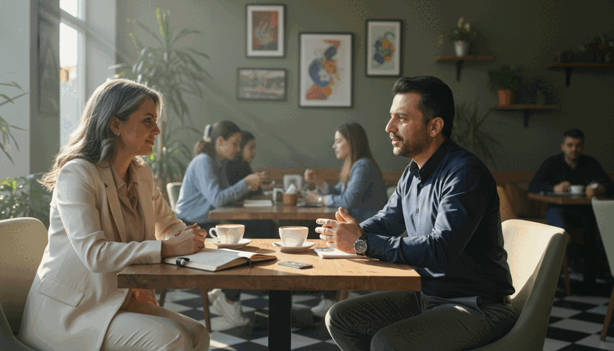 A serene and inviting scene showcasing healthy communication between two professionals in a cozy café setting. In the foreground, a well-dressed mature woman, representing "alanya üniversiteli kız", listens attentively to her male counterpart, who is dressed in smart casual attire. Their expressions reflect mutual respect and understanding. In the middle ground, a warm wooden table is adorned with a cup of coffee and a notebook, suggesting an engaging discussion. Soft, natural light filters through a window, casting gentle shadows and creating an inviting atmosphere. In the background, blurred patrons enjoy their own conversations, enhancing the lively and comfortable mood of the café. The composition captures a moment of connection, underscoring the theme of healthy relationship-building. A serene and inviting scene showcasing healthy communication between two professionals in a cozy café setting. In the foreground, a well-dressed mature woman, representing "alanya üniversiteli kız", listens attentively to her male counterpart, who is dressed in smart casual attire. Their expressions reflect mutual respect and understanding. In the middle ground, a warm wooden table is adorned with a cup of coffee and a notebook, suggesting an engaging discussion. Soft, natural light filters through a window, casting gentle shadows and creating an inviting atmosphere. In the background, blurred patrons enjoy their own conversations, enhancing the lively and comfortable mood of the café. The composition captures a moment of connection, underscoring the theme of healthy relationship-building.