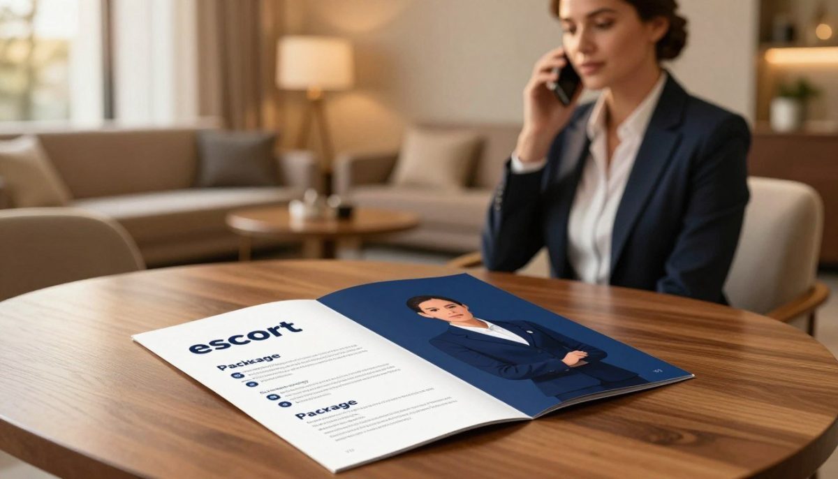 A serene and inviting setting for a professional service illustration. In the foreground, a sleek, modern brochure displaying "escort" package options is elegantly laid on a polished wooden table. The middle ground features a sophisticated businesswoman in professional attire, engaged in a phone call, exuding confidence and professionalism. In the background, a softly lit upscale lounge with plush seating and ambient lighting creates a warm yet discreet atmosphere. The overall color palette is warm and inviting with soft golds and deep blues, enhancing the mood of safety and comfort. A focus on clean lines and a well-organized layout reaffirms the professionalism of the escort services offered in Kestel. The image should have soft, diffused lighting, mimicking a late afternoon glow, with a slight depth of field effect to bring focus to the foreground.