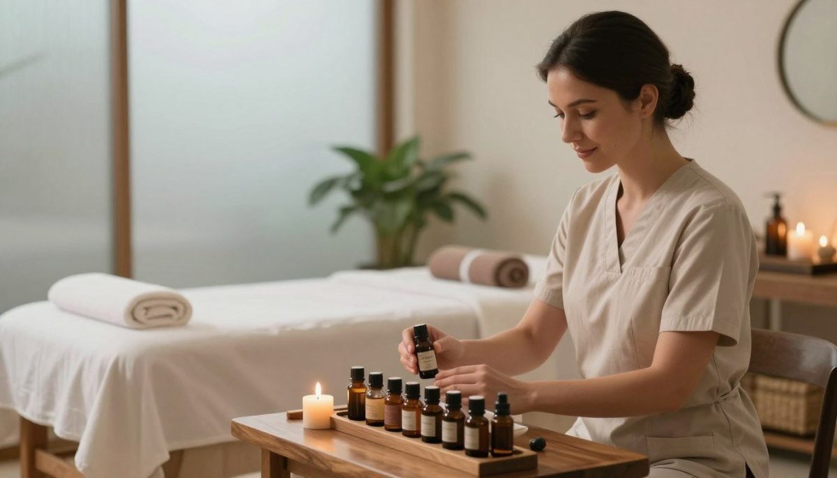 A serene and inviting spa environment in Kestel, showcasing a professional massage therapist selecting the right massage techniques and oils. In the foreground, the therapist—a woman in modest, professional attire, is thoughtfully examining various essential oils displayed on a wooden table. The middle ground features a relaxing massage table adorned with soft, clean sheets, and ambient lighting creating a calm atmosphere. Soft herbal plants and scented candles enhance the tranquil setting, while in the background, gentle diffuse light filters through frosted glass, casting soothing shadows. The overall mood is peaceful and rejuvenating, illustrating the criteria to consider when selecting a masseuse, embodying a sense of trust and comfort in a professional setting. A serene and inviting spa environment in Kestel, showcasing a professional massage therapist selecting the right massage techniques and oils. In the foreground, the therapist—a woman in modest, professional attire, is thoughtfully examining various essential oils displayed on a wooden table. The middle ground features a relaxing massage table adorned with soft, clean sheets, and ambient lighting creating a calm atmosphere. Soft herbal plants and scented candles enhance the tranquil setting, while in the background, gentle diffuse light filters through frosted glass, casting soothing shadows. The overall mood is peaceful and rejuvenating, illustrating the criteria to consider when selecting a masseuse, embodying a sense of trust and comfort in a professional setting.