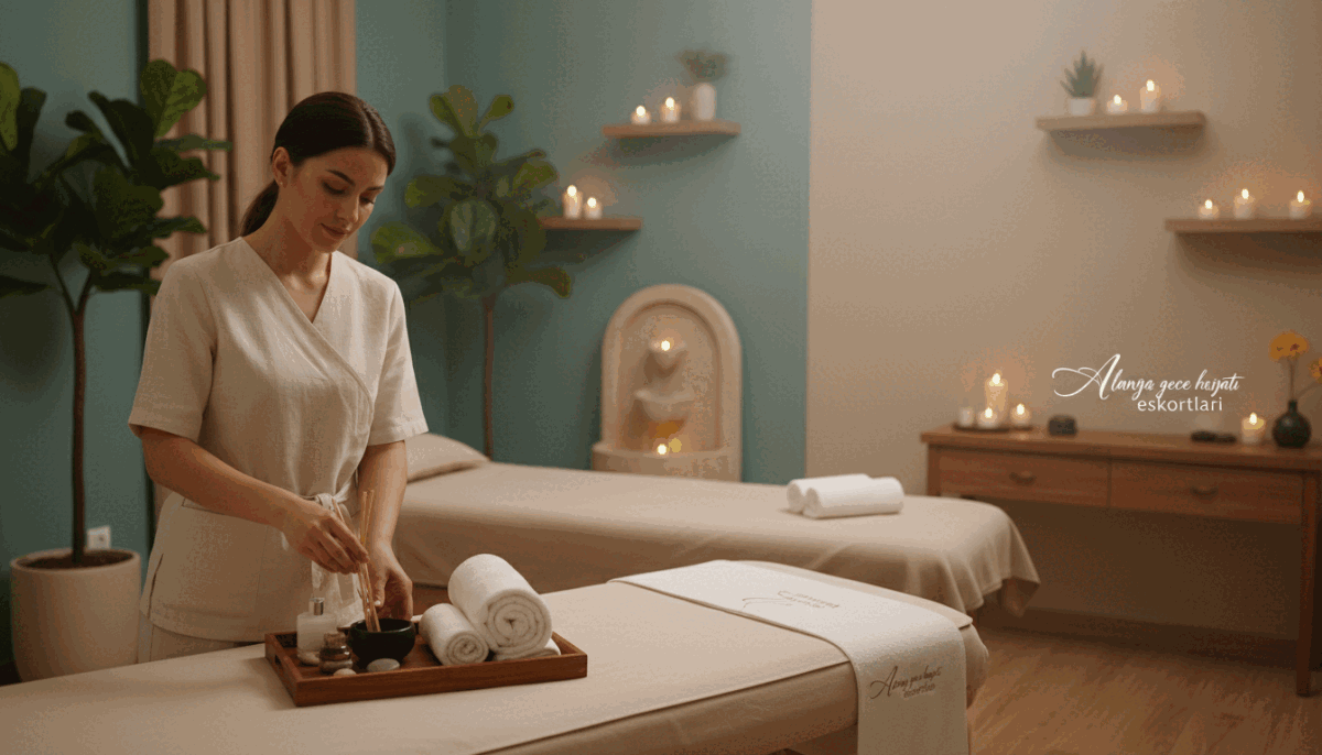A serene and inviting spa room featuring a massage table set against soft, ambient lighting. In the foreground, a professional female massage therapist, wearing modest yet stylish casual attire, prepares oils and towels, showcasing her skillful hands. The middle ground captures a well-decorated space with calming colors, lush plants, and candles that emit a warm glow, enhancing relaxation. In the background, soft sounds of water trickling from a fountain contribute to the tranquil atmosphere. The overall mood is peaceful and rejuvenating, perfect for illustrating the essence of massage therapy in Alanya. Include subtle branding elements that suggest "alanya gece hayatı eskortları" without overwhelming the scene. Use a natural lens with a shallow depth of field to focus on the therapist while blurring the background slightly. A serene and inviting spa room featuring a massage table set against soft, ambient lighting. In the foreground, a professional female massage therapist, wearing modest yet stylish casual attire, prepares oils and towels, showcasing her skillful hands. The middle ground captures a well-decorated space with calming colors, lush plants, and candles that emit a warm glow, enhancing relaxation. In the background, soft sounds of water trickling from a fountain contribute to the tranquil atmosphere. The overall mood is peaceful and rejuvenating, perfect for illustrating the essence of massage therapy in Alanya. Include subtle branding elements that suggest "alanya gece hayatı eskortları" without overwhelming the scene. Use a natural lens with a shallow depth of field to focus on the therapist while blurring the background slightly.