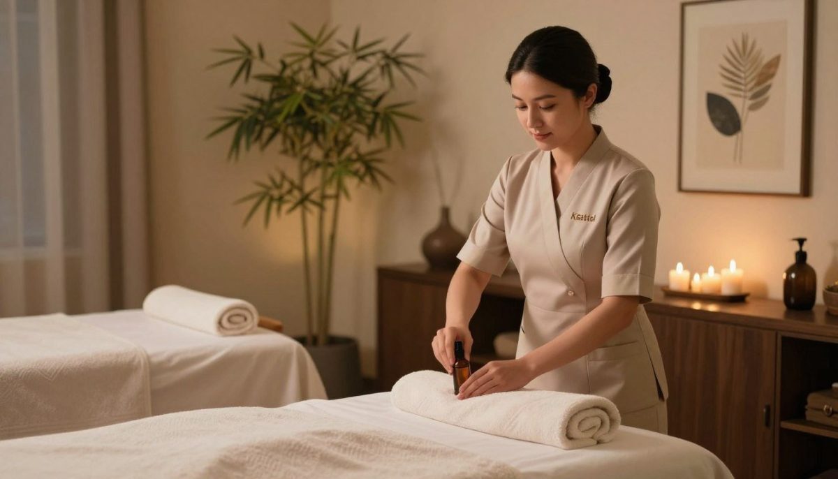 A serene and inviting spa setting that conveys a sense of luxury and relaxation. In the foreground, an elegantly dressed professional masöz (masseuse) in tasteful, modest business attire is preparing massage oils, demonstrating a welcoming and professional demeanor. The middle ground features a beautifully arranged massage table adorned with soft towels and aromatic candles, enhancing the tranquil atmosphere. In the background, soft lighting casts a warm glow over the space, while tasteful decor, such as bamboo plants and soothing artwork, adds to the ambiance. The overall mood is calm and sophisticated, suggesting top-tier VIP escort services in Kestel that prioritize client comfort and pampering, centered on a peaceful and rejuvenating experience. A serene and inviting spa setting that conveys a sense of luxury and relaxation. In the foreground, an elegantly dressed professional masöz (masseuse) in tasteful, modest business attire is preparing massage oils, demonstrating a welcoming and professional demeanor. The middle ground features a beautifully arranged massage table adorned with soft towels and aromatic candles, enhancing the tranquil atmosphere. In the background, soft lighting casts a warm glow over the space, while tasteful decor, such as bamboo plants and soothing artwork, adds to the ambiance. The overall mood is calm and sophisticated, suggesting top-tier VIP escort services in Kestel that prioritize client comfort and pampering, centered on a peaceful and rejuvenating experience.