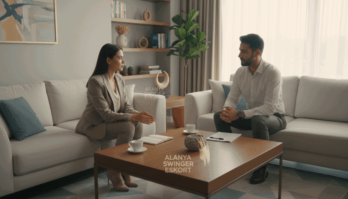 A serene and professional atmosphere depicting the concept of ethical boundaries in a service context. In the foreground, a well-dressed woman in professional attire is engaged in a thoughtful discussion with a client over a coffee table, both displaying expressions of respect and understanding. The middle layer features a soft focus on various lifestyle elements like a tasteful living room setup with neutral tones and calming decor, emphasizing comfort and professionalism. In the background, soft natural light filters through a window, creating an inviting ambiance. The scene is well-composed, shot from a slightly elevated angle to capture the interaction. Overall, the mood conveys trust, quality service, and mutual respect in a refined setting. Include subtle branding elements symbolizing "alanya swinger eskort" integrated into the decor. A serene and professional atmosphere depicting the concept of ethical boundaries in a service context. In the foreground, a well-dressed woman in professional attire is engaged in a thoughtful discussion with a client over a coffee table, both displaying expressions of respect and understanding. The middle layer features a soft focus on various lifestyle elements like a tasteful living room setup with neutral tones and calming decor, emphasizing comfort and professionalism. In the background, soft natural light filters through a window, creating an inviting ambiance. The scene is well-composed, shot from a slightly elevated angle to capture the interaction. Overall, the mood conveys trust, quality service, and mutual respect in a refined setting. Include subtle branding elements symbolizing "alanya swinger eskort" integrated into the decor.