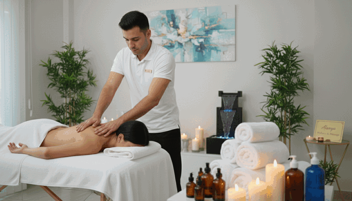A serene and professional massage therapy session in a modern, well-lit environment, showcasing various massage techniques. In the foreground, a skilled male therapist, dressed in a modest white shirt and black pants, demonstrates a classic Swedish massage technique on a client who is comfortably positioned on a massage table. The middle ground features soft towels, essential oil bottles, and candles emitting a warm glow, enhancing the relaxing atmosphere. The background includes soothing decor with calming colors and plants, creating an inviting space. The lighting is soft and diffuse, highlighting the professionalism of the setting. The overall mood is tranquil and therapeutic, encapsulating the essence of expert massage techniques offered by "alanya gece hayatı eskortları." A serene and professional massage therapy session in a modern, well-lit environment, showcasing various massage techniques. In the foreground, a skilled male therapist, dressed in a modest white shirt and black pants, demonstrates a classic Swedish massage technique on a client who is comfortably positioned on a massage table. The middle ground features soft towels, essential oil bottles, and candles emitting a warm glow, enhancing the relaxing atmosphere. The background includes soothing decor with calming colors and plants, creating an inviting space. The lighting is soft and diffuse, highlighting the professionalism of the setting. The overall mood is tranquil and therapeutic, encapsulating the essence of expert massage techniques offered by "alanya gece hayatı eskortları."