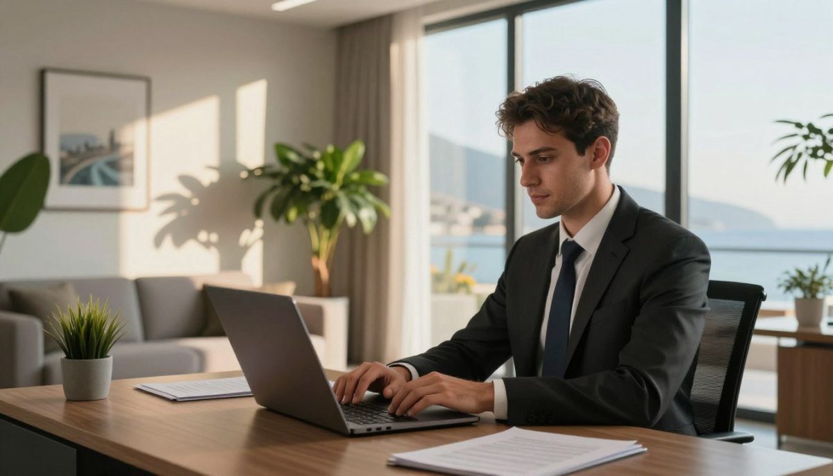 A serene and professional scene set in a stylish, modern office in Alanya Kestel, reflecting the theme of reliable escort services. In the foreground, a well-dressed individual in business attire is seated at a sleek desk, typing on a laptop, showcasing professionalism and trustworthiness. The middle ground features a tastefully decorated room with plants and art that evoke comfort and sophistication, emphasizing a welcoming atmosphere. In the background, large windows reveal a view of the scenic Alanya coast, with gentle sunlight streaming through, creating a warm and inviting light effect. The overall mood is calm and professional, suitable for a discussion on selecting trustworthy escort services. The image should be clear and detailed, taken from a slight angle to capture the essence of the environment. A serene and professional scene set in a stylish, modern office in Alanya Kestel, reflecting the theme of reliable escort services. In the foreground, a well-dressed individual in business attire is seated at a sleek desk, typing on a laptop, showcasing professionalism and trustworthiness. The middle ground features a tastefully decorated room with plants and art that evoke comfort and sophistication, emphasizing a welcoming atmosphere. In the background, large windows reveal a view of the scenic Alanya coast, with gentle sunlight streaming through, creating a warm and inviting light effect. The overall mood is calm and professional, suitable for a discussion on selecting trustworthy escort services. The image should be clear and detailed, taken from a slight angle to capture the essence of the environment.
