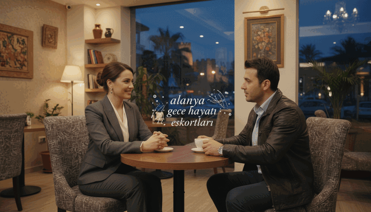 A serene and professional setting for a safe escort meeting in a sophisticated café in Alanya at dusk. In the foreground, a well-dressed woman in business attire is seated at a small round table, looking poised and approachable, with a warm smile. In the middle, a well-groomed man in casual but neat attire appears engaged in conversation, holding a coffee cup. Soft ambient lighting creates an inviting atmosphere, highlighting their expressions. In the background, tasteful decorations and soft-focus hints of Alanya's nightlife ambiance provide context without distraction. The scene conveys professionalism, safety, and a pleasant atmosphere. Ensure to incorporate branding elements subtly representing "alanya gece hayatı eskortları" in the café's décor. A serene and professional setting for a safe escort meeting in a sophisticated café in Alanya at dusk. In the foreground, a well-dressed woman in business attire is seated at a small round table, looking poised and approachable, with a warm smile. In the middle, a well-groomed man in casual but neat attire appears engaged in conversation, holding a coffee cup. Soft ambient lighting creates an inviting atmosphere, highlighting their expressions. In the background, tasteful decorations and soft-focus hints of Alanya's nightlife ambiance provide context without distraction. The scene conveys professionalism, safety, and a pleasant atmosphere. Ensure to incorporate branding elements subtly representing "alanya gece hayatı eskortları" in the café's décor.