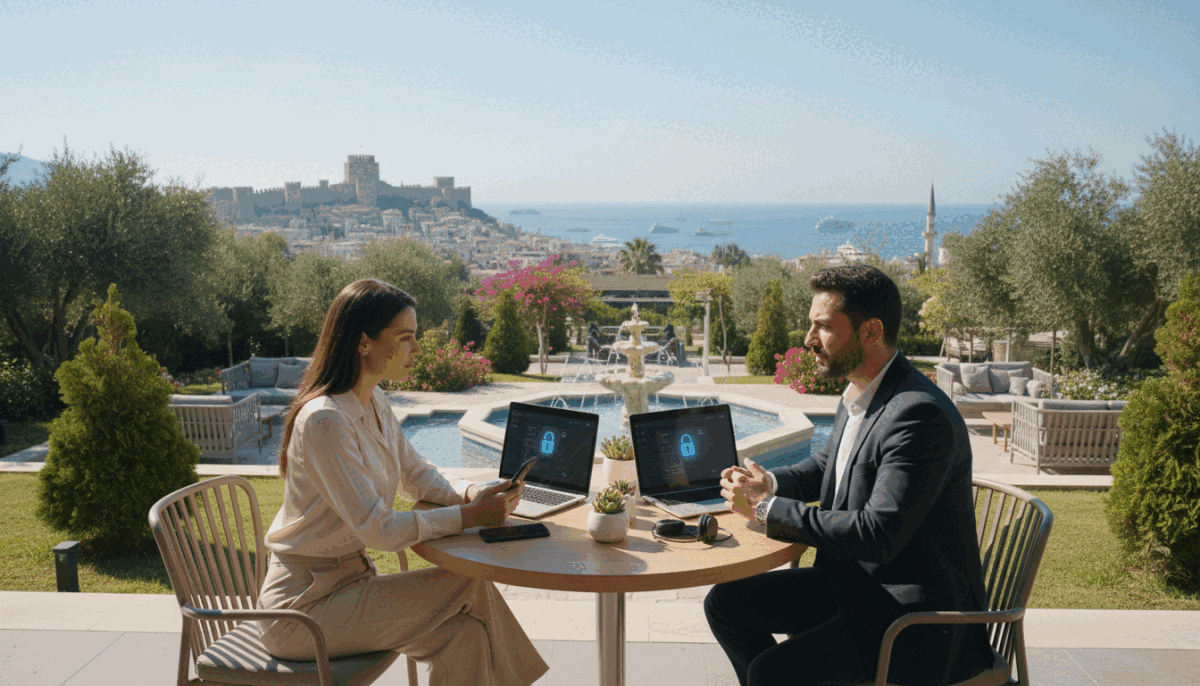 A serene and professional setting that represents "secure communication" in Alanya. In the foreground, an elegantly dressed businesswoman and businessman sit across from each other at a stylish cafe table, engaged in a focused conversation, surrounded by modern technology like laptops and smartphones, symbolizing encrypted messaging. In the middle ground, a lush, sunlit garden filled with greenery and decorative fountains enhances the ambiance. In the background, the picturesque skyline of Alanya, showcasing its historical landmarks under a bright blue sky, adds depth. Soft, natural lighting creates a warm and inviting atmosphere, while the composition is shot from a slightly elevated angle to capture both the subjects and the beautiful surroundings. No text or logos are present, ensuring a clean, professional look that embodies safety and trust in communication. A serene and professional setting that represents "secure communication" in Alanya. In the foreground, an elegantly dressed businesswoman and businessman sit across from each other at a stylish cafe table, engaged in a focused conversation, surrounded by modern technology like laptops and smartphones, symbolizing encrypted messaging. In the middle ground, a lush, sunlit garden filled with greenery and decorative fountains enhances the ambiance. In the background, the picturesque skyline of Alanya, showcasing its historical landmarks under a bright blue sky, adds depth. Soft, natural lighting creates a warm and inviting atmosphere, while the composition is shot from a slightly elevated angle to capture both the subjects and the beautiful surroundings. No text or logos are present, ensuring a clean, professional look that embodies safety and trust in communication.