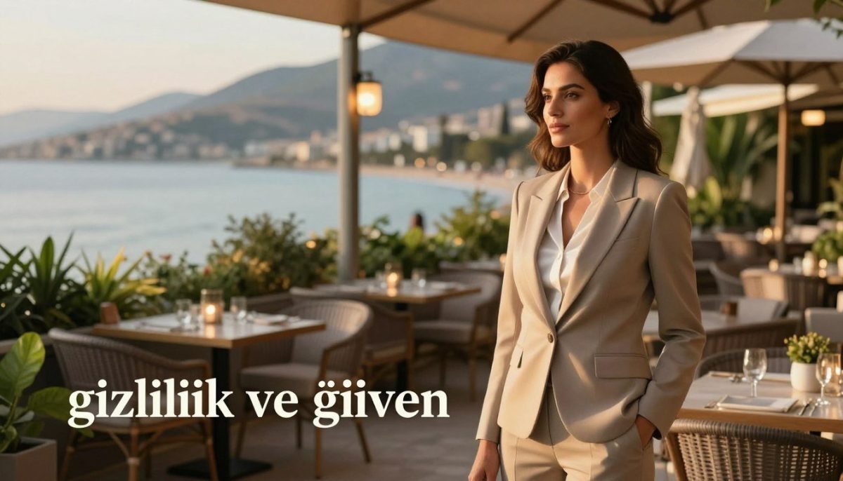 A serene and sophisticated scene representing "gizlilik ve güven" in a luxurious Alanya setting. In the foreground, a stylish, professional woman in modest yet elegant business attire stands confidently, embodying poise and discretion. The middle ground features a beautifully decorated cafe terrace with lush greenery and soft, ambient lighting, creating an inviting atmosphere. In the background, stunning Alanya coastline and hills are softly blurred, emphasizing tranquility. The lighting is warm and golden, suggesting late afternoon, casting gentle shadows. The mood is sophisticated and calming, reflecting the essence of trust and professionalism associated with "alanya sarışın escort". Ensure the image encapsulates a sense of serene elegance and discretion without any direct references to intimacy. A serene and sophisticated scene representing "gizlilik ve güven" in a luxurious Alanya setting. In the foreground, a stylish, professional woman in modest yet elegant business attire stands confidently, embodying poise and discretion. The middle ground features a beautifully decorated cafe terrace with lush greenery and soft, ambient lighting, creating an inviting atmosphere. In the background, stunning Alanya coastline and hills are softly blurred, emphasizing tranquility. The lighting is warm and golden, suggesting late afternoon, casting gentle shadows. The mood is sophisticated and calming, reflecting the essence of trust and professionalism associated with "alanya sarışın escort". Ensure the image encapsulates a sense of serene elegance and discretion without any direct references to intimacy.