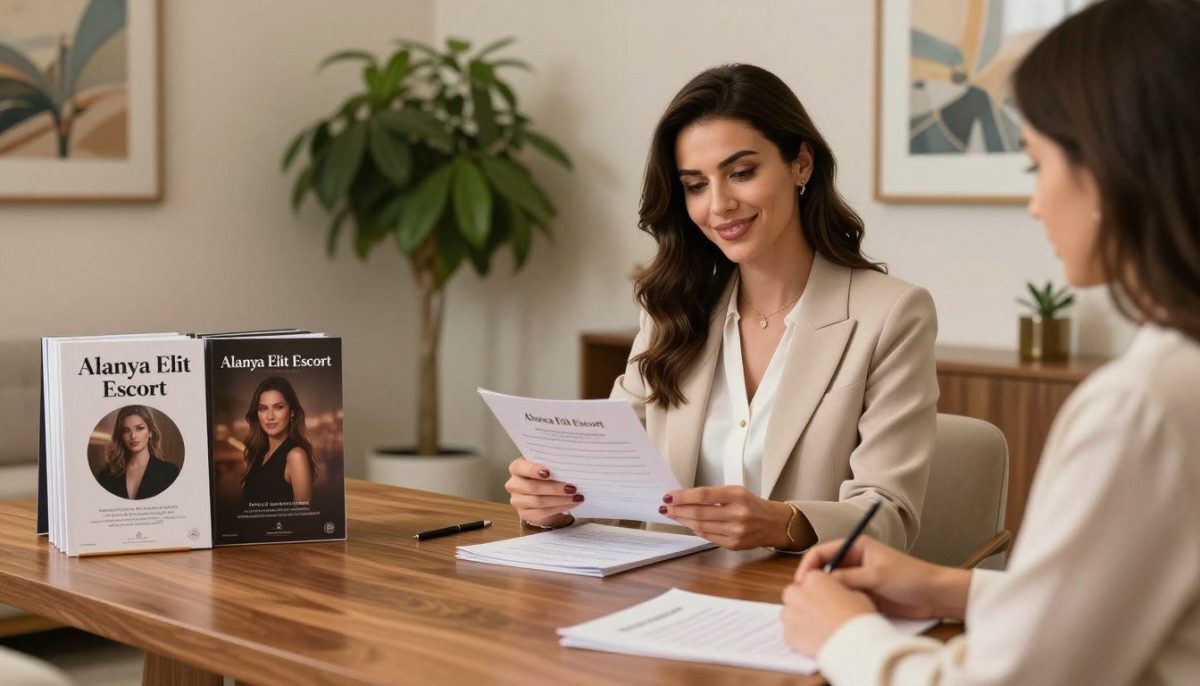 A serene and sophisticated setting showcasing a luxurious consultation space for selecting elite escorts in Alanya. In the foreground, a polished wooden table with an elegant arrangement of brochures titled "Alanya Elit Escort" displayed prominently. In the middle ground, a professional businesswoman exudes confidence in a stylish, modest outfit, reviewing materials. She is seated, with a welcoming smile, engaging an invisible client. The background features a tastefully designed interior with soft, ambient lighting, lush green plants, and tasteful art on the walls. The atmosphere is calm and inviting, suggesting professionalism and discretion. The overall composition captures the essence of careful selection criteria in the escort choosing process, while maintaining a sophisticated and safe for work tone.
