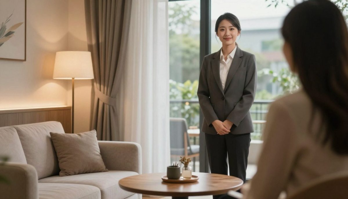 A serene and stylish setting that emphasizes privacy and professionalism in the escort industry. In the foreground, a tasteful room with elegant furnishings, featuring a plush sofa and soft, ambient lighting creates a warm atmosphere. An inviting table with discreet décor elements subtly suggests a meeting space. In the middle ground, a standing figure in smart casual attire—perhaps a person with a friendly expression—exudes professionalism and approachability. The background shows a partially open curtain revealing a tranquil outdoor view, enhancing the sense of privacy. Soft, diffused lighting adds a cozy feel, while a focus on natural textures, like wooden elements and soft fabrics, creates an inviting ambiance. The overall mood should convey confidentiality and comfort, perfect for the escort service theme while maintaining a safe for work environment. A serene and stylish setting that emphasizes privacy and professionalism in the escort industry. In the foreground, a tasteful room with elegant furnishings, featuring a plush sofa and soft, ambient lighting creates a warm atmosphere. An inviting table with discreet décor elements subtly suggests a meeting space. In the middle ground, a standing figure in smart casual attire—perhaps a person with a friendly expression—exudes professionalism and approachability. The background shows a partially open curtain revealing a tranquil outdoor view, enhancing the sense of privacy. Soft, diffused lighting adds a cozy feel, while a focus on natural textures, like wooden elements and soft fabrics, creates an inviting ambiance. The overall mood should convey confidentiality and comfort, perfect for the escort service theme while maintaining a safe for work environment.