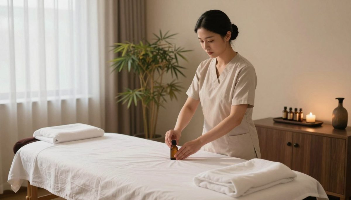 A serene and tranquil massage therapy room with soft ambient lighting, featuring a professional massage table in the foreground draped with smooth, white linen. In the middle, a skilled female massage therapist in modest, professional attire is gently preparing essential oils, embodying expertise and care. The background reveals calming décor, such as bamboo plants and soothing wall colors, complemented by soft, diffused light filtering through sheer curtains to create a peaceful atmosphere. The angle should be slightly above eye level to capture the therapist’s focused expression and the harmonious setting, emphasizing relaxation and well-being, ideal for showcasing the duration and experience of a massage session in the picturesque locale of Kestel. A serene and tranquil massage therapy room with soft ambient lighting, featuring a professional massage table in the foreground draped with smooth, white linen. In the middle, a skilled female massage therapist in modest, professional attire is gently preparing essential oils, embodying expertise and care. The background reveals calming décor, such as bamboo plants and soothing wall colors, complemented by soft, diffused light filtering through sheer curtains to create a peaceful atmosphere. The angle should be slightly above eye level to capture the therapist’s focused expression and the harmonious setting, emphasizing relaxation and well-being, ideal for showcasing the duration and experience of a massage session in the picturesque locale of Kestel.