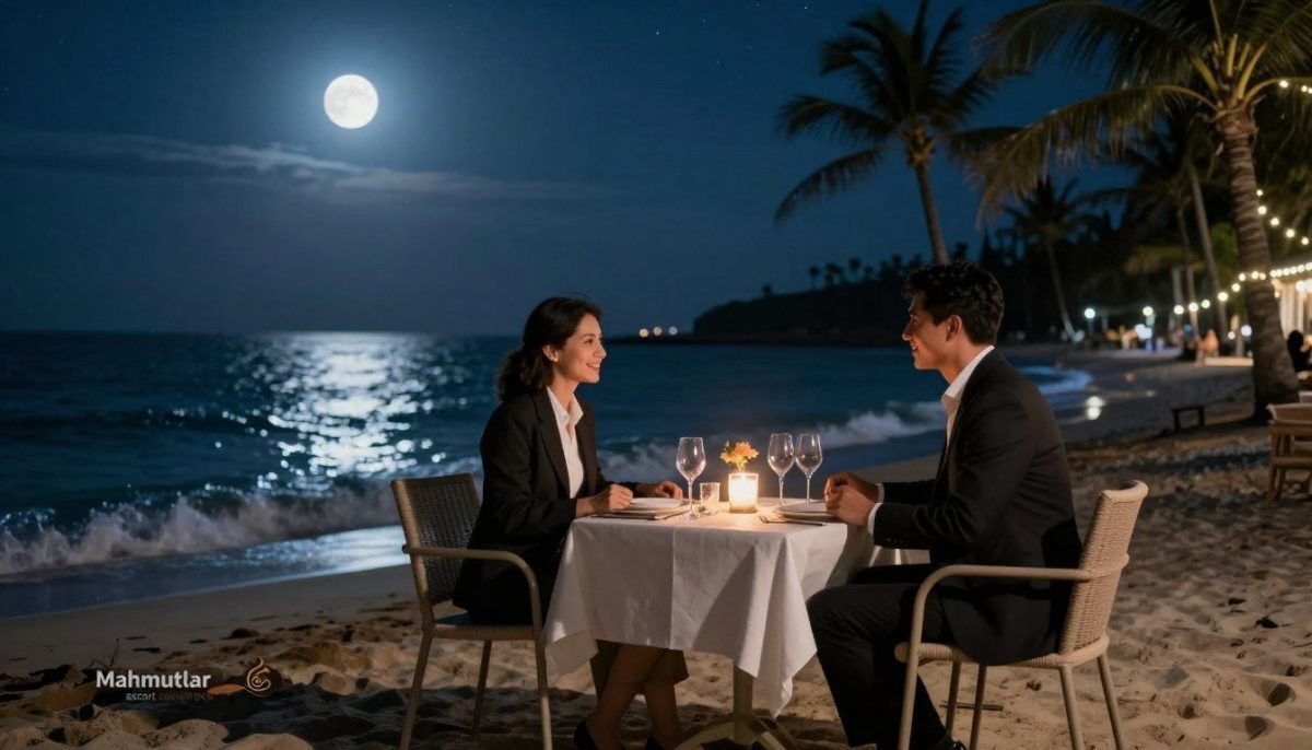 A serene beach night scene in Mahmutlar, illuminated by soft, ambient moonlight and subtle string lights, creating a romantic atmosphere. In the foreground, a small, stylish beachside table set for two, featuring elegant glasses and a candle, suggesting an intimate dining experience. The middle ground showcases two individuals dressed in professional business attire, enjoying each other's company, engaged in conversation with a warm smile. The background features gentle waves lapping at the shore, silhouetted palm trees swaying in the breeze, and a starry sky above. The scene evokes a feeling of luxury and unforgettable memories under a beautiful Mahmutlar night. Include the brand name "Mahmutlar escort cazibeli gece" subtly blended into the ambiance. A serene beach night scene in Mahmutlar, illuminated by soft, ambient moonlight and subtle string lights, creating a romantic atmosphere. In the foreground, a small, stylish beachside table set for two, featuring elegant glasses and a candle, suggesting an intimate dining experience. The middle ground showcases two individuals dressed in professional business attire, enjoying each other's company, engaged in conversation with a warm smile. The background features gentle waves lapping at the shore, silhouetted palm trees swaying in the breeze, and a starry sky above. The scene evokes a feeling of luxury and unforgettable memories under a beautiful Mahmutlar night. Include the brand name "Mahmutlar escort cazibeli gece" subtly blended into the ambiance.