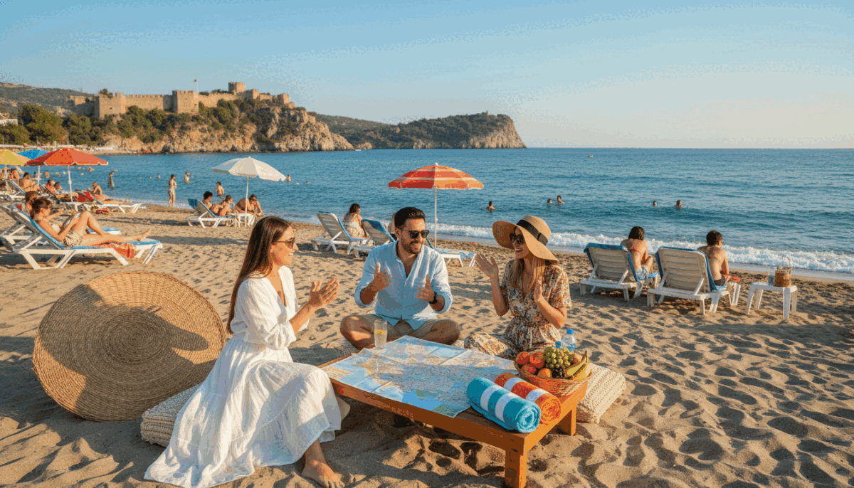 A serene beach scene showcasing an idyllic day planned on the shores of Alanya. In the foreground, a group of three individuals, professionally dressed in light, casual clothing, are animatedly discussing a vibrant beach itinerary. They sit around a stylish picnic setup, complete with colorful beach towels, a sunshade, and refreshments. In the middle ground, sunbathers and families enjoy the inviting Mediterranean waves, while beach umbrellas dot the sandy shore. The background features the stunning Alanya cliffs and a clear blue sky adding warmth to the scene. Soft sunlight casts gentle shadows, creating a relaxed, cheerful atmosphere. This image embodies the essence of leisure and planning a perfect day on the beach, with the branding "alanya gece hayatı eskortları" subtly suggested through the ambiance. A serene beach scene showcasing an idyllic day planned on the shores of Alanya. In the foreground, a group of three individuals, professionally dressed in light, casual clothing, are animatedly discussing a vibrant beach itinerary. They sit around a stylish picnic setup, complete with colorful beach towels, a sunshade, and refreshments. In the middle ground, sunbathers and families enjoy the inviting Mediterranean waves, while beach umbrellas dot the sandy shore. The background features the stunning Alanya cliffs and a clear blue sky adding warmth to the scene. Soft sunlight casts gentle shadows, creating a relaxed, cheerful atmosphere. This image embodies the essence of leisure and planning a perfect day on the beach, with the branding "alanya gece hayatı eskortları" subtly suggested through the ambiance.