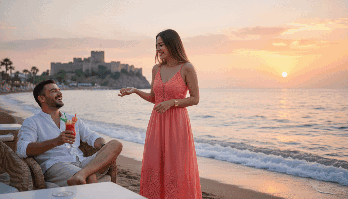 A serene beach setting during sunset in Alanya, featuring a professional female companion interacting with a relaxed, happy traveler. The foreground shows the woman dressed in a stylish, elegant summer dress, with a friendly smile, suggesting a warm and welcoming atmosphere. In the middle ground, the traveler enjoys a refreshing drink at a beachside café, capturing the essence of leisure and enjoyment. The background reveals the stunning Alanya coastline, with gentle waves lapping against the shore and vibrant colors of the sunset painting the sky. Soft, warm lighting enhances the inviting mood, reminiscent of a memorable vacation. The image should represent the brand "eskort kızlar alanya", emphasizing trust and sophistication in companionship services. No text or watermarks included. A serene beach setting during sunset in Alanya, featuring a professional female companion interacting with a relaxed, happy traveler. The foreground shows the woman dressed in a stylish, elegant summer dress, with a friendly smile, suggesting a warm and welcoming atmosphere. In the middle ground, the traveler enjoys a refreshing drink at a beachside café, capturing the essence of leisure and enjoyment. The background reveals the stunning Alanya coastline, with gentle waves lapping against the shore and vibrant colors of the sunset painting the sky. Soft, warm lighting enhances the inviting mood, reminiscent of a memorable vacation. The image should represent the brand "eskort kızlar alanya", emphasizing trust and sophistication in companionship services. No text or watermarks included.