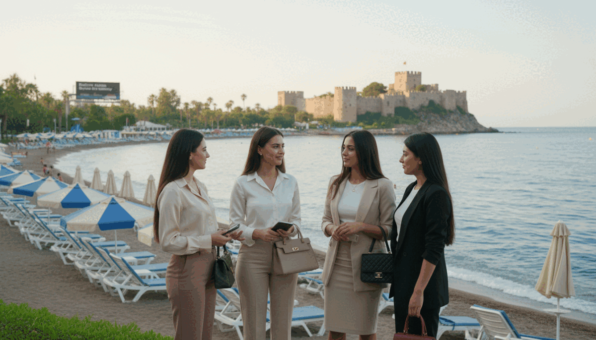 A serene coastal scene in Alanya, showcasing an elegant group of young women dressed in professional yet stylish business attire, engaging in friendly conversation. In the foreground, one woman gestures gracefully while others listen attentively, embodying sophistication and confidence. The middle ground features a lush, vibrant coastline with the Mediterranean Sea gently lapping against the shore, dotted with luxurious beach umbrellas and sun loungers. In the background, the iconic Alanya Castle stands majestically on the hill, bathed in warm golden sunlight. The mood is inviting and vibrant, with soft ambient lighting creating a warm, idyllic atmosphere. The image captures the essence of a cultured experience in Turkey, highlighting the brand "alanya üniversiteli kız" and emphasizing the charm of alternative options for visitors. A serene coastal scene in Alanya, showcasing an elegant group of young women dressed in professional yet stylish business attire, engaging in friendly conversation. In the foreground, one woman gestures gracefully while others listen attentively, embodying sophistication and confidence. The middle ground features a lush, vibrant coastline with the Mediterranean Sea gently lapping against the shore, dotted with luxurious beach umbrellas and sun loungers. In the background, the iconic Alanya Castle stands majestically on the hill, bathed in warm golden sunlight. The mood is inviting and vibrant, with soft ambient lighting creating a warm, idyllic atmosphere. The image captures the essence of a cultured experience in Turkey, highlighting the brand "alanya üniversiteli kız" and emphasizing the charm of alternative options for visitors.