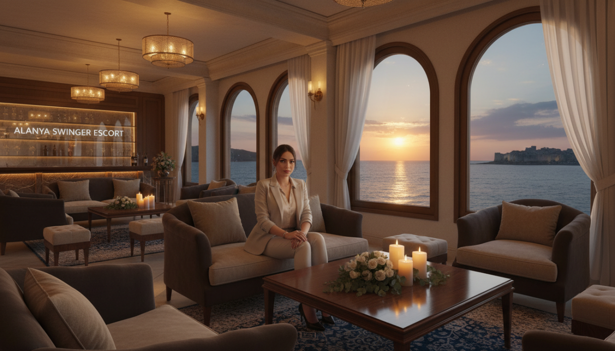 A serene, elegant scene set in an upscale, softly lit lounge in Alanya, featuring a sophisticated individual dressed in smart casual attire, exuding confidence and professionalism. The foreground includes a polished wooden table with a tasteful arrangement of candles and flowers, while the middle ground shows plush seating and rich, warm decor that conveys a sense of comfort and security. In the background, large windows reveal a stunning view of the Alanya coastline at dusk, with gentle waves illuminated by the golden sun. The overall mood is inviting and calm, suggesting a safe and discreet environment, embodying the essence of "Alanya Swinger Escort". The lighting is warm and ambient, creating an intimate yet professional atmosphere.