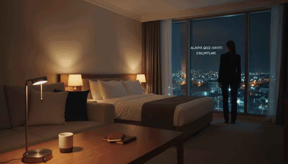 A serene hotel room in Alanya, showcasing a cozy atmosphere ideal for confidentiality and comfort. In the foreground, a neatly arranged table with elegant decor, soft lighting casting warm tones across the space. A plush sofa adorned with tasteful pillows invites relaxation, while a window reveals the enchanting night view of Alanya's vibrant nightlife, illuminated by city lights. In the middle, a discreet silhouette of a woman dressed in professional business attire, exuding elegance and sophistication, stands thoughtfully by the window, gazing outside. The background features faint shapes of palm trees and distant buildings, adding depth without distraction. The soft glow of a bedside lamp enhances the inviting ambience. The overall mood is intimate and tranquil, emphasizing privacy. Include the text "alanya gece hayatı eskortları" subtly in the scene without overpowering the visual composition. A serene hotel room in Alanya, showcasing a cozy atmosphere ideal for confidentiality and comfort. In the foreground, a neatly arranged table with elegant decor, soft lighting casting warm tones across the space. A plush sofa adorned with tasteful pillows invites relaxation, while a window reveals the enchanting night view of Alanya's vibrant nightlife, illuminated by city lights. In the middle, a discreet silhouette of a woman dressed in professional business attire, exuding elegance and sophistication, stands thoughtfully by the window, gazing outside. The background features faint shapes of palm trees and distant buildings, adding depth without distraction. The soft glow of a bedside lamp enhances the inviting ambience. The overall mood is intimate and tranquil, emphasizing privacy. Include the text "alanya gece hayatı eskortları" subtly in the scene without overpowering the visual composition.