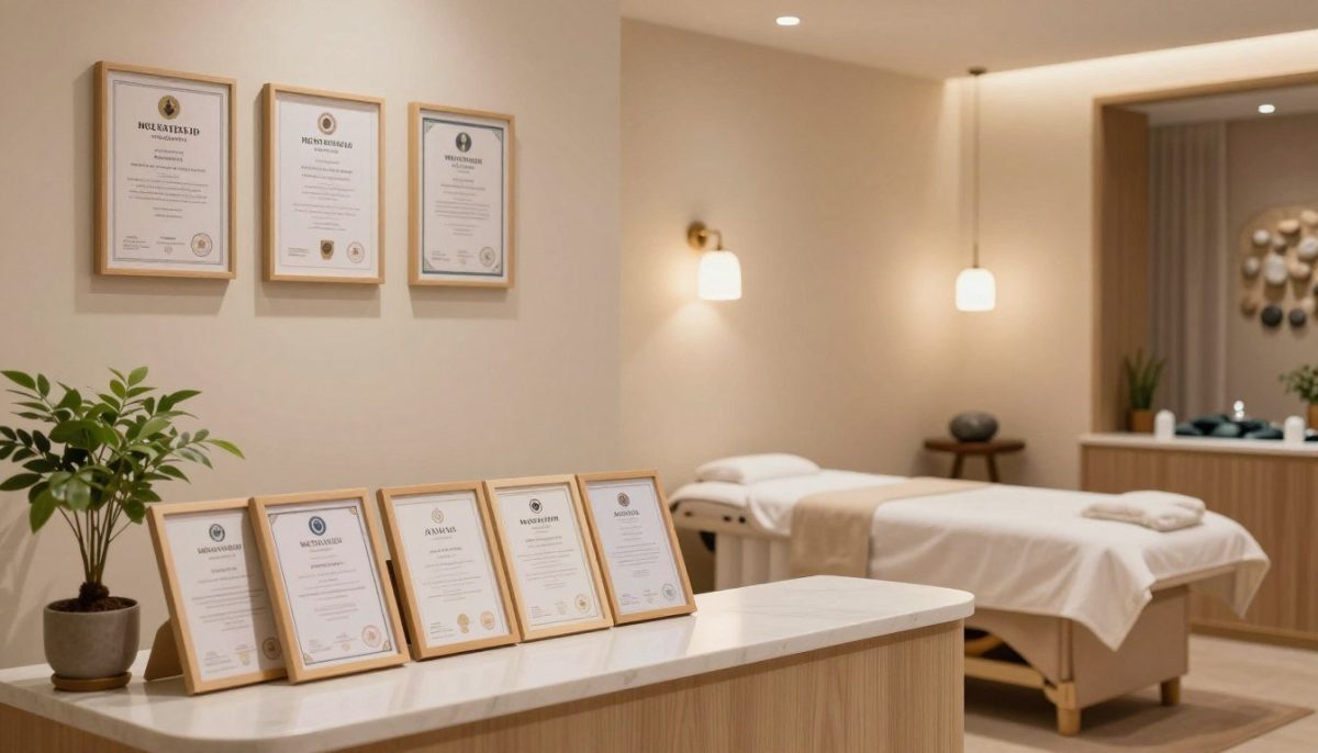A serene indoor setting showcasing a professional massage salon in Alanya with an emphasis on health certifications displayed on the wall. In the foreground, a well-organized reception desk with neatly arranged health certificates in elegant frames and a small indoor plant for a touch of nature. The middle of the image features a calming massage area with soft, neutral-toned decor and a massage table, complemented by soothing soft lighting cast from stylish lamps, creating a tranquil atmosphere. In the background, a glimpse of the spa’s decor with warm colors and natural elements, such as stones and water features, enhances the serene mood. The setting reflects professionalism and trustworthiness, appealing to clients seeking quality massage services while highlighting the importance of health certifications. A serene indoor setting showcasing a professional massage salon in Alanya with an emphasis on health certifications displayed on the wall. In the foreground, a well-organized reception desk with neatly arranged health certificates in elegant frames and a small indoor plant for a touch of nature. The middle of the image features a calming massage area with soft, neutral-toned decor and a massage table, complemented by soothing soft lighting cast from stylish lamps, creating a tranquil atmosphere. In the background, a glimpse of the spa’s decor with warm colors and natural elements, such as stones and water features, enhances the serene mood. The setting reflects professionalism and trustworthiness, appealing to clients seeking quality massage services while highlighting the importance of health certifications.