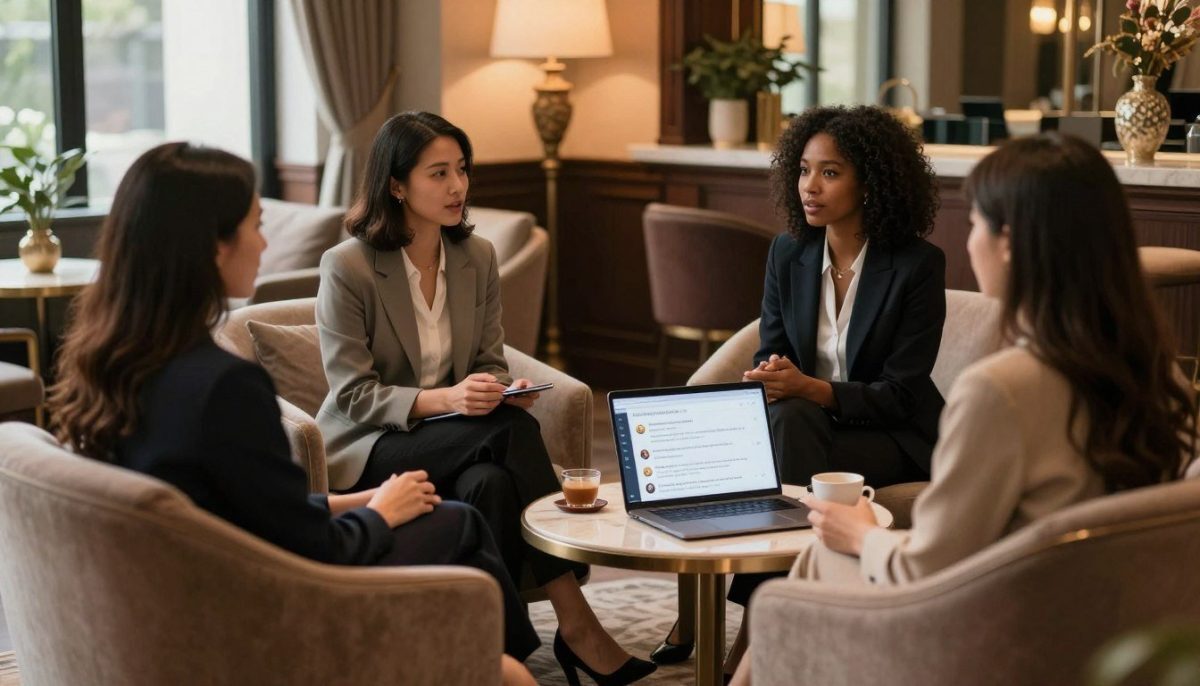 A serene, inviting scene depicting a relaxing lounge area with three professional women in modest business attire, engaging in a discussion around customer feedback related to "Kestel escort" services. The foreground features elegantly designed armchairs, with soft, warm lighting creating an intimate atmosphere. The women, representing diverse ethnicities, are animated in conversation, surrounded by a rich interior that evokes elegance and professionalism. In the middle ground, a coffee table holds a laptop showing glowing reviews, while in the background, tasteful decorative elements reflect opulence without overwhelming the scene. Natural light filters through large windows, enhancing the mood of trust and reliability, capturing the essence of customer testimonials. A serene, inviting scene depicting a relaxing lounge area with three professional women in modest business attire, engaging in a discussion around customer feedback related to "Kestel escort" services. The foreground features elegantly designed armchairs, with soft, warm lighting creating an intimate atmosphere. The women, representing diverse ethnicities, are animated in conversation, surrounded by a rich interior that evokes elegance and professionalism. In the middle ground, a coffee table holds a laptop showing glowing reviews, while in the background, tasteful decorative elements reflect opulence without overwhelming the scene. Natural light filters through large windows, enhancing the mood of trust and reliability, capturing the essence of customer testimonials.