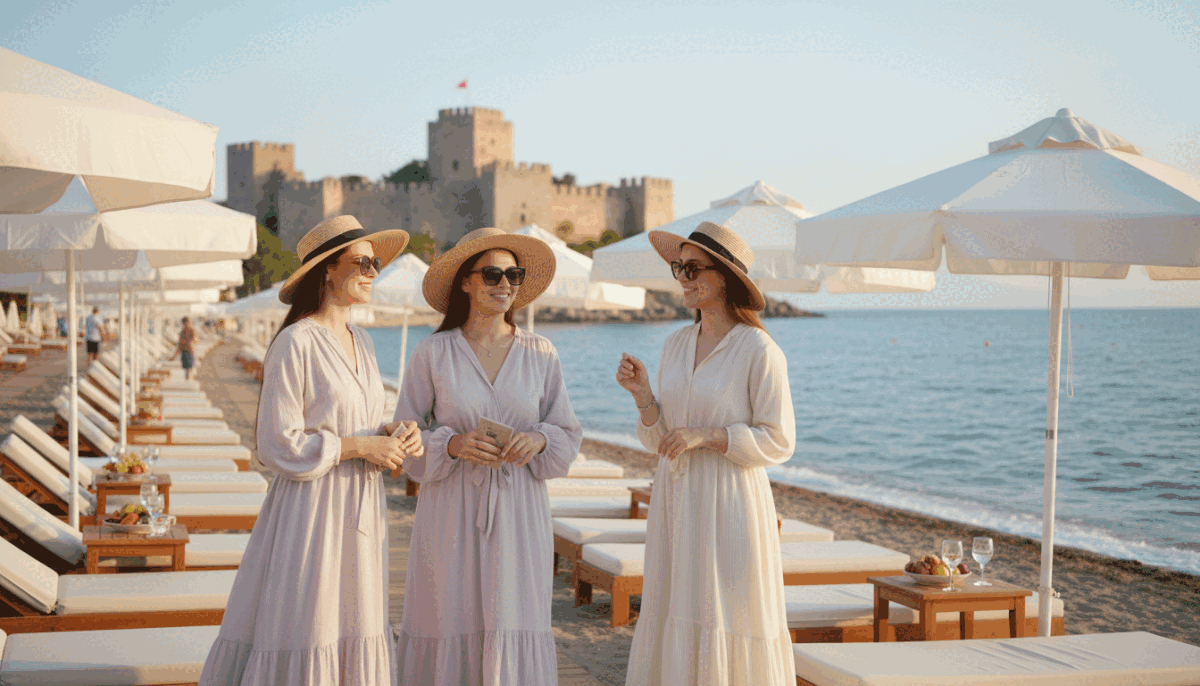 A serene, luxurious beach scene in Alanya, showcasing a pristine coastline with crystal-clear waters and a gentle breeze. In the foreground, a group of professionally dressed young women in elegant, modest beach attire, representing "alanya üniversiteli kız", engaging in conversation, radiating confidence and sophistication. The middle ground features luxurious sun loungers and umbrellas, emphasizing a high-end beach experience. In the background, the stunning Alanya Castle is illuminated by the golden hour sunlight, casting a warm, inviting glow over the entire scene. The image should convey a mood of relaxation, luxury, and the allure of a premium beach experience in Alanya. Soft, diffused lighting enhances the tranquil atmosphere, and the composition is framed from a slightly elevated angle to capture both the beach and the castle beautifully. A serene, luxurious beach scene in Alanya, showcasing a pristine coastline with crystal-clear waters and a gentle breeze. In the foreground, a group of professionally dressed young women in elegant, modest beach attire, representing "alanya üniversiteli kız", engaging in conversation, radiating confidence and sophistication. The middle ground features luxurious sun loungers and umbrellas, emphasizing a high-end beach experience. In the background, the stunning Alanya Castle is illuminated by the golden hour sunlight, casting a warm, inviting glow over the entire scene. The image should convey a mood of relaxation, luxury, and the allure of a premium beach experience in Alanya. Soft, diffused lighting enhances the tranquil atmosphere, and the composition is framed from a slightly elevated angle to capture both the beach and the castle beautifully.