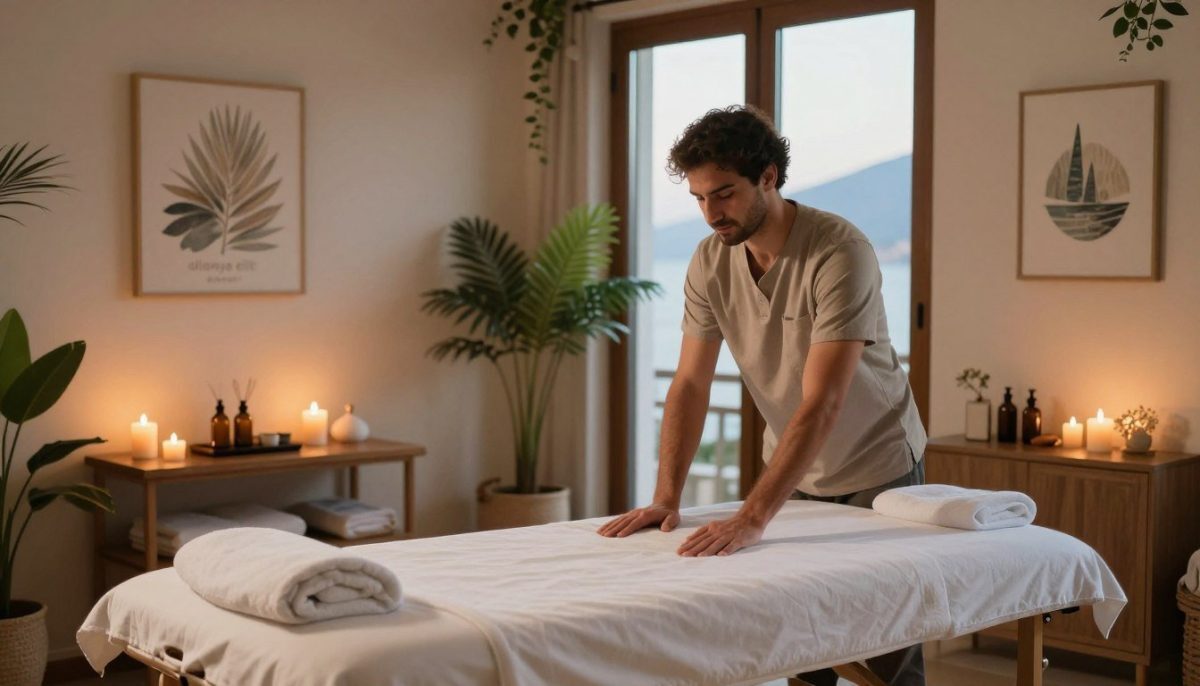 A serene massage therapy room in Alanya, showcasing affordable massage options. In the foreground, a professional massage therapist in modest casual clothing is preparing a massage table with soft white linens and aromatic oils. In the middle ground, a cozy and inviting atmosphere is highlighted by soft, warm lighting and candles casting a gentle glow. The walls are adorned with calming artwork and lush green plants that enhance relaxation. In the background, large windows reveal a scenic view of Alanya's coastal landscape, adding a touch of tranquility. The overall mood is peaceful and rejuvenating, perfect for illustrating professional massage services. The brand name "alanya elit escort" subtly integrates into the decor, ensuring a local touch. A serene massage therapy room in Alanya, showcasing affordable massage options. In the foreground, a professional massage therapist in modest casual clothing is preparing a massage table with soft white linens and aromatic oils. In the middle ground, a cozy and inviting atmosphere is highlighted by soft, warm lighting and candles casting a gentle glow. The walls are adorned with calming artwork and lush green plants that enhance relaxation. In the background, large windows reveal a scenic view of Alanya's coastal landscape, adding a touch of tranquility. The overall mood is peaceful and rejuvenating, perfect for illustrating professional massage services. The brand name "alanya elit escort" subtly integrates into the decor, ensuring a local touch.