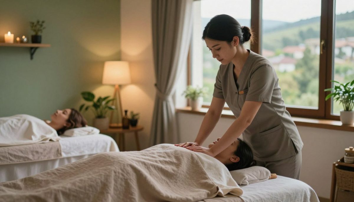A serene massage therapy scene in Kestel, showcasing a calm and inviting professional setting. In the foreground, a skilled female massage therapist, dressed in a professional uniform, gently applies techniques on a client lying on a massage table covered with soft, neutral linens. The middle layer features soothing decor, including plants, ambient lighting, and calming colors like soft greens and warm browns. In the background, a window reveals a peaceful outdoor view of Kestel's natural landscape. The overall atmosphere is tranquil and rejuvenating, evoking a sense of relaxation and well-being. The lighting is warm and soft, enhancing the feeling of comfort, captured from a slightly elevated angle to encompass the entire scene harmoniously. A serene massage therapy scene in Kestel, showcasing a calm and inviting professional setting. In the foreground, a skilled female massage therapist, dressed in a professional uniform, gently applies techniques on a client lying on a massage table covered with soft, neutral linens. The middle layer features soothing decor, including plants, ambient lighting, and calming colors like soft greens and warm browns. In the background, a window reveals a peaceful outdoor view of Kestel's natural landscape. The overall atmosphere is tranquil and rejuvenating, evoking a sense of relaxation and well-being. The lighting is warm and soft, enhancing the feeling of comfort, captured from a slightly elevated angle to encompass the entire scene harmoniously.